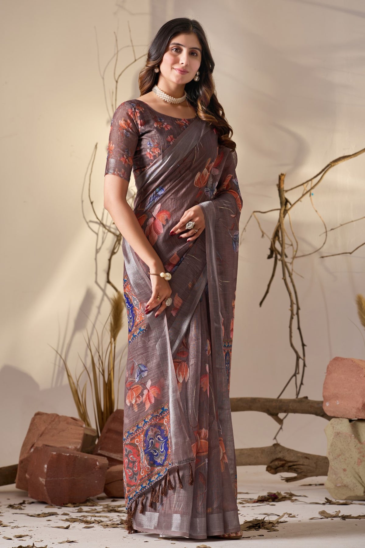 Light Brown Linen Cotton Saree With Digital Printed Classic Traditional Design