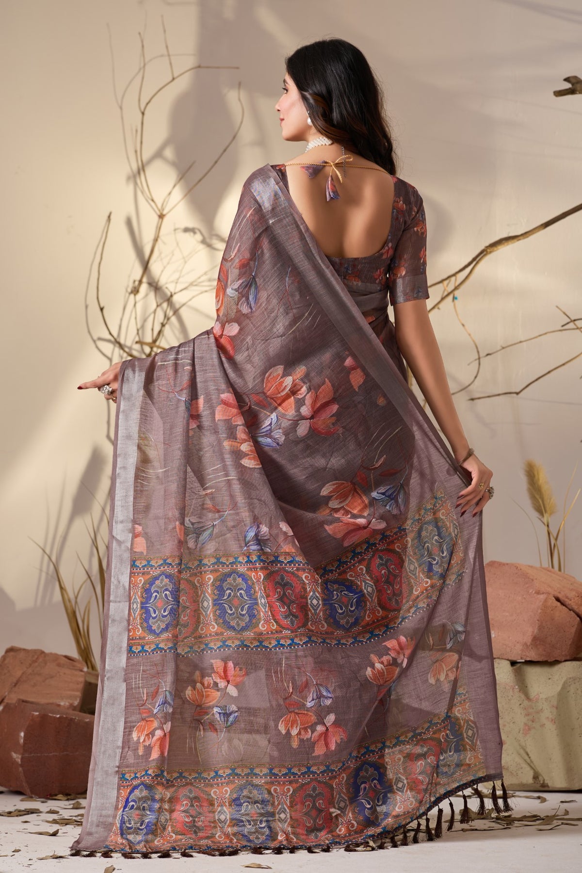 Light Brown Linen Cotton Saree With Digital Printed Classic Traditional Design