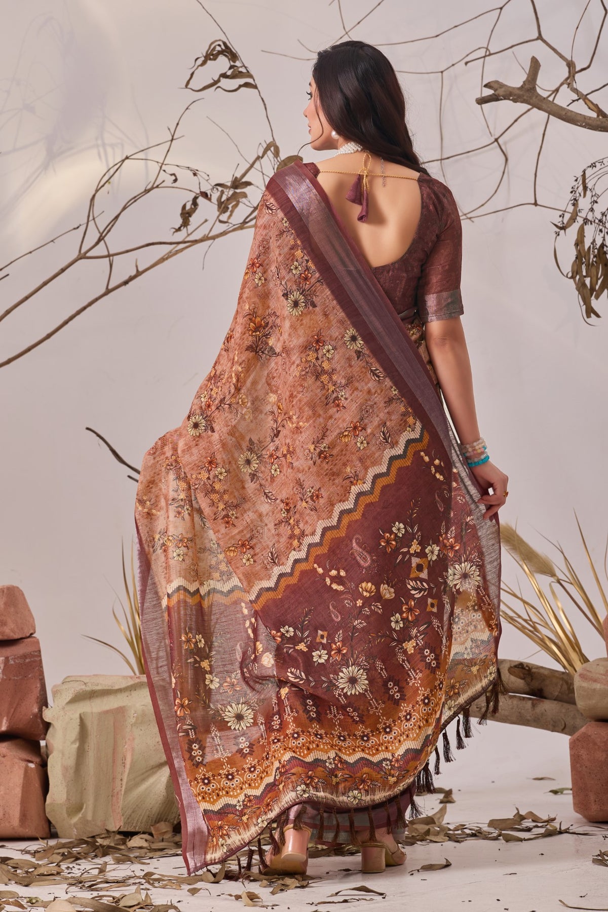 Light Brown Linen Cotton Saree with Digital Print