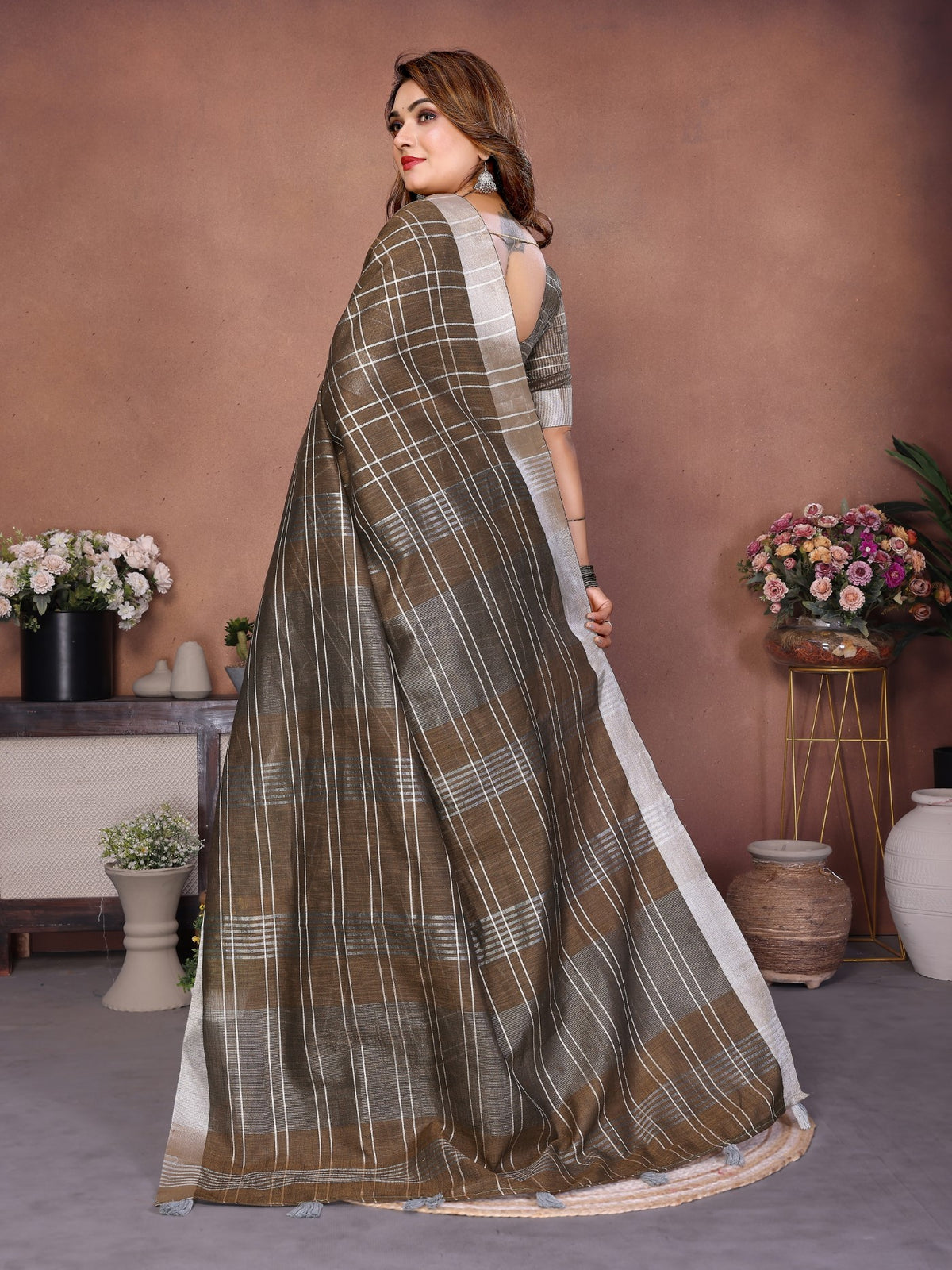 Light Brown Linen Saree With Traditional Weaving