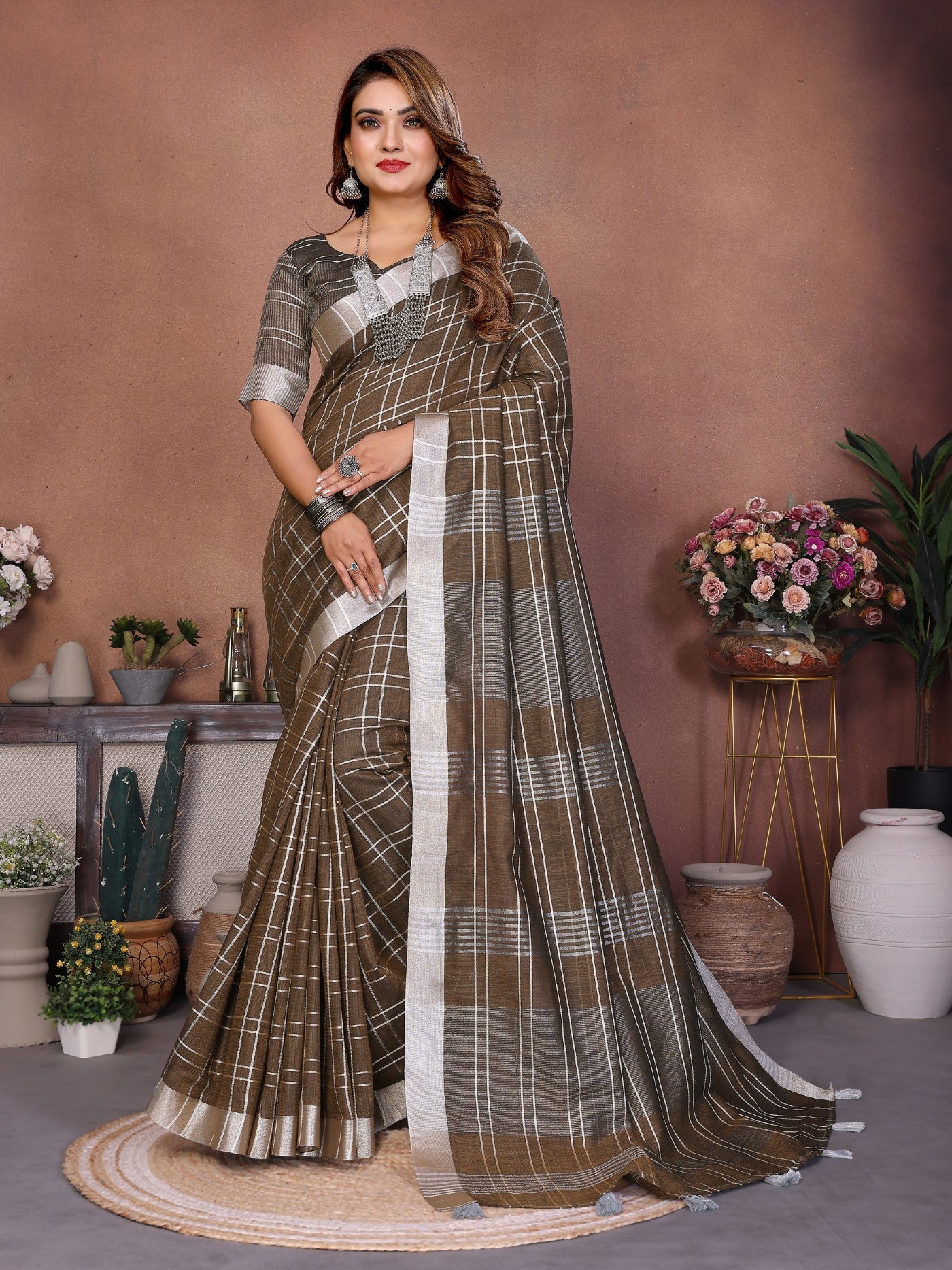 Light Brown Linen Saree With Traditional Weaving