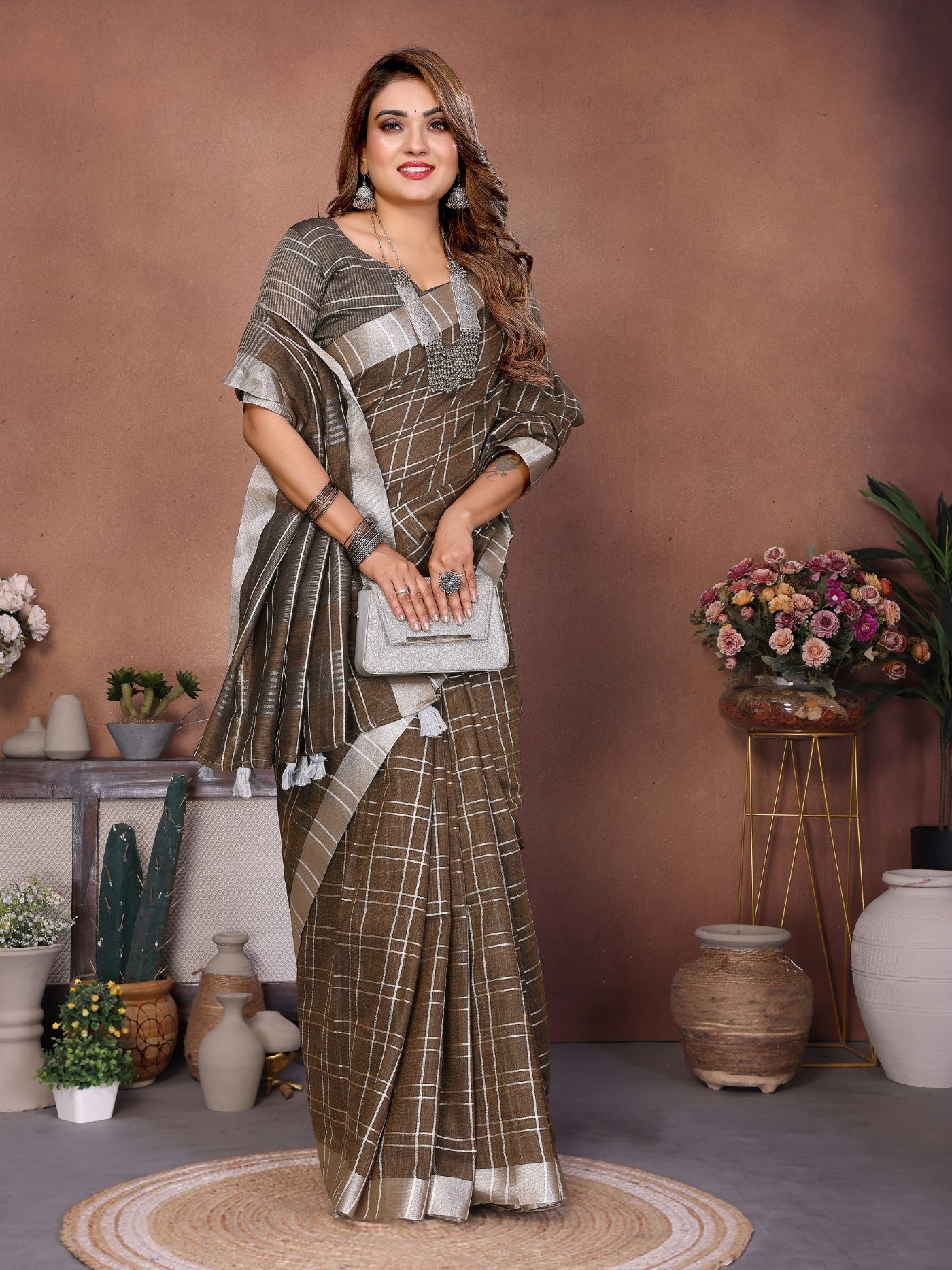 Light Brown Linen Saree With Traditional Weaving