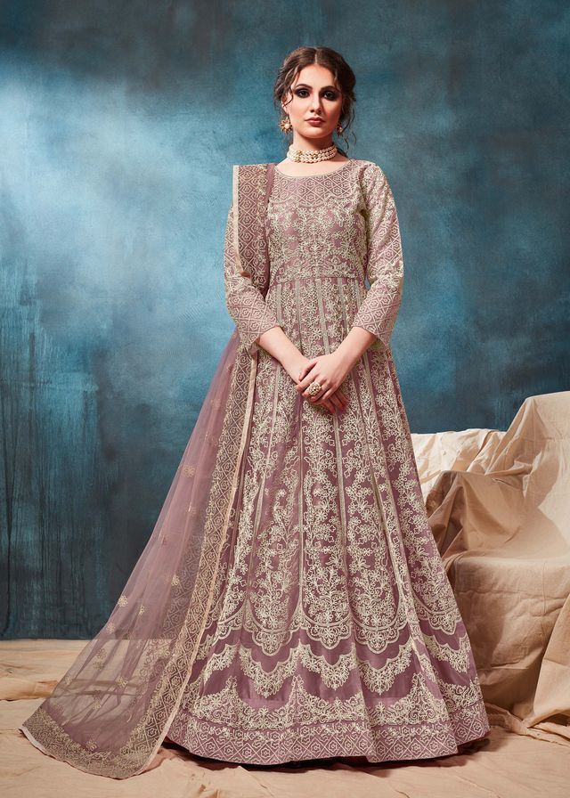 Light Brown Net Embroidered  Anarkali Suits