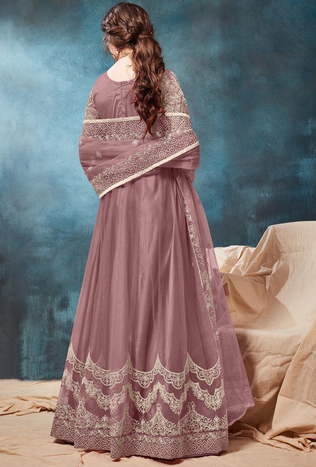 Light Brown Net Embroidered  Anarkali Suits