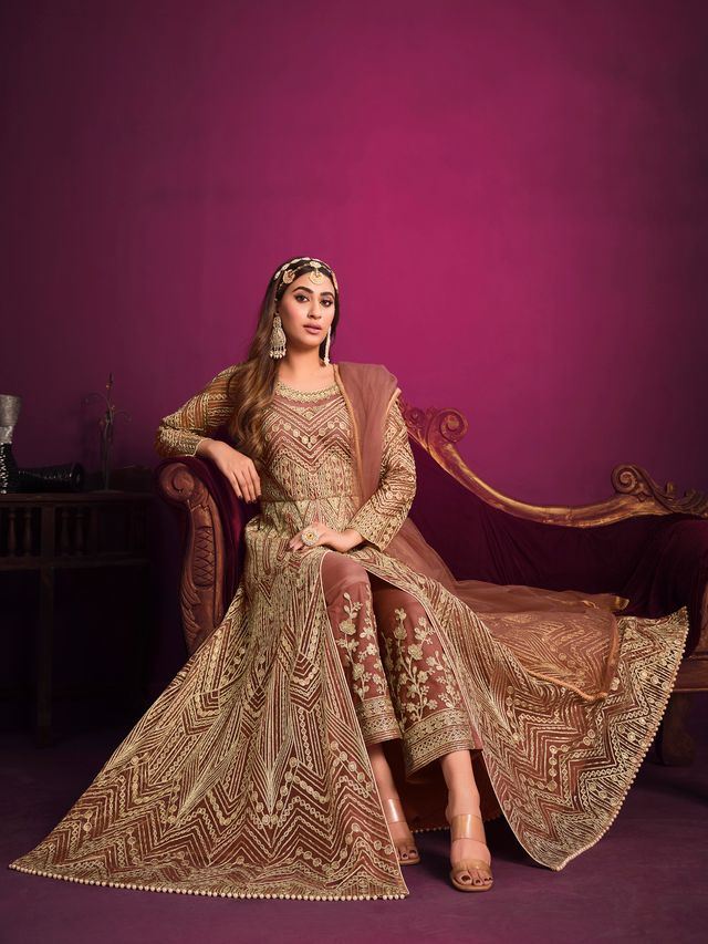 Light Brown Net Heavy Thread Embroidery, Zari With Sequins Work  Anarkali Suits