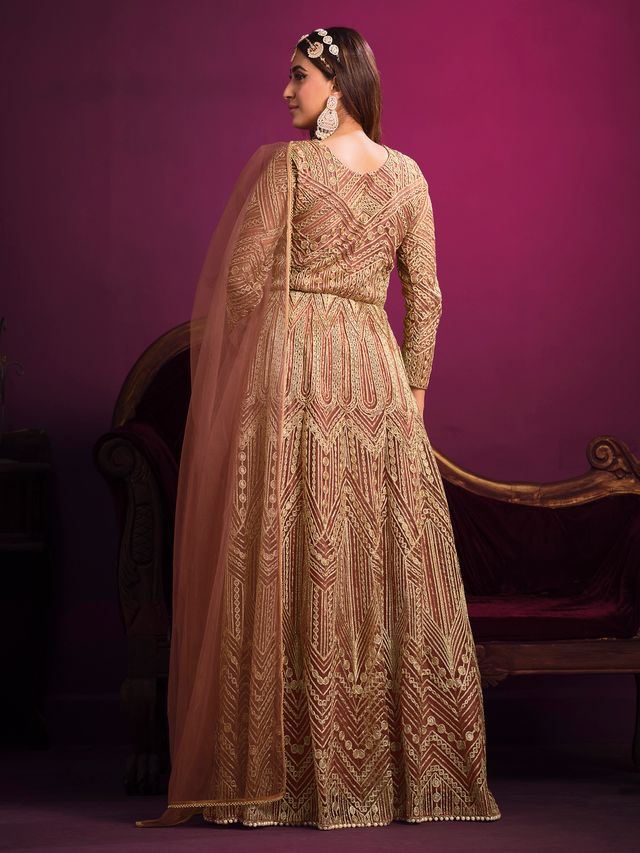Light Brown Net Heavy Thread Embroidery, Zari With Sequins Work  Anarkali Suits