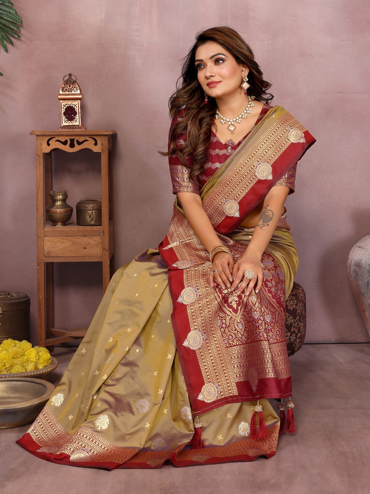 Light Brown Silk Sarees Saree With Traditional Weaving