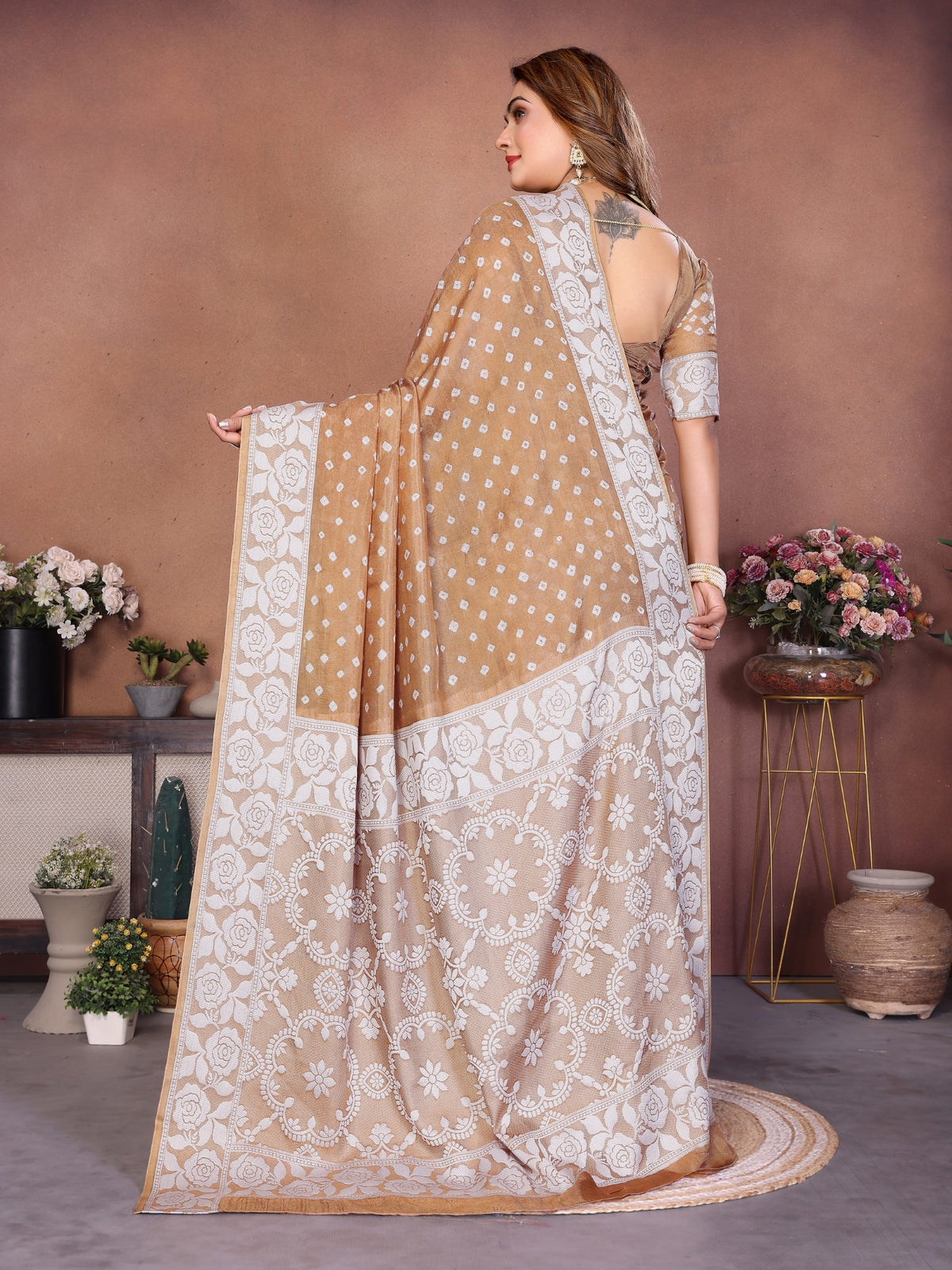 Light Brown Viscose Silk Saree With Handmade Original Bandhej