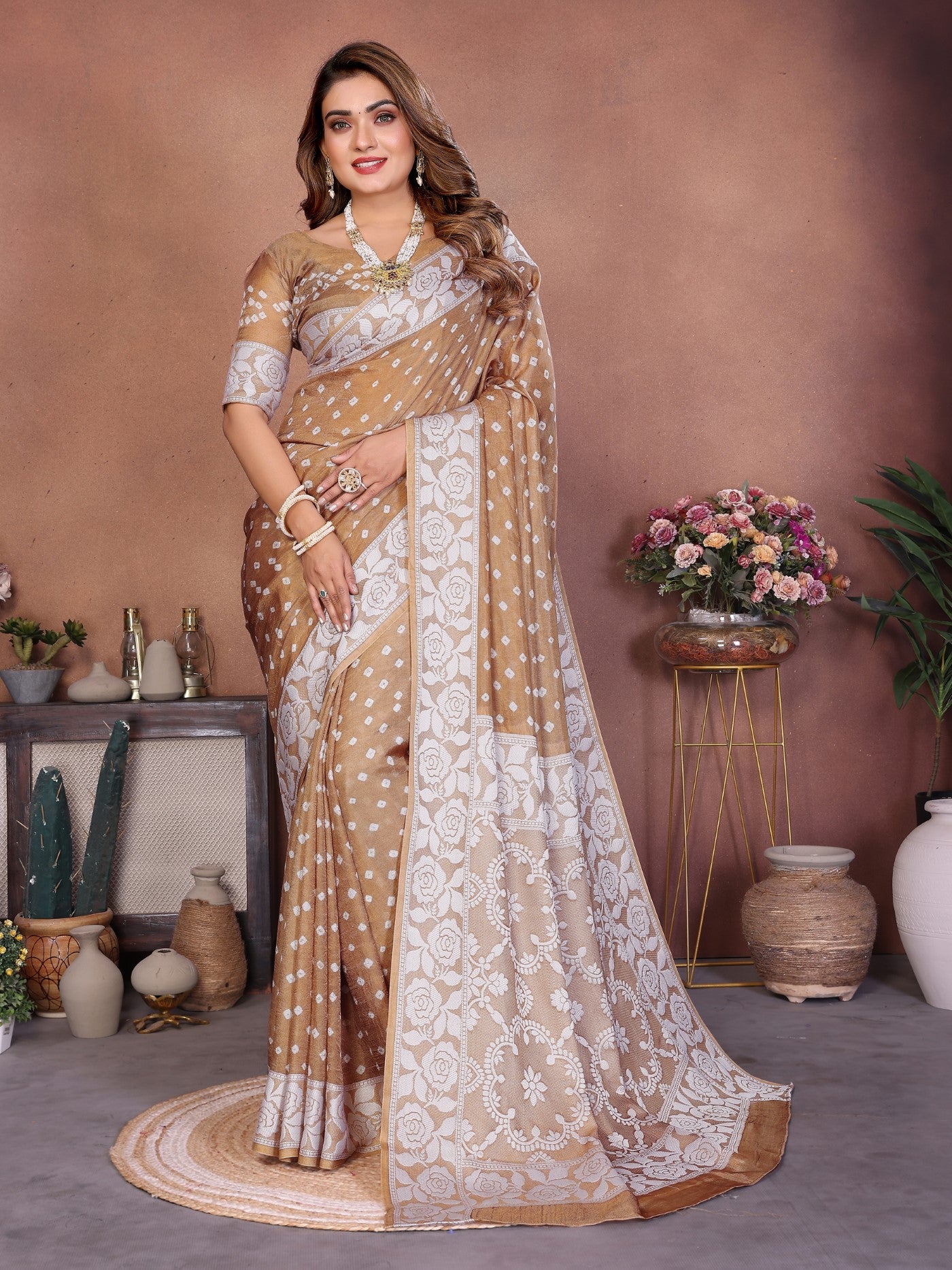 Light Brown Viscose Silk Saree With Handmade Original Bandhej