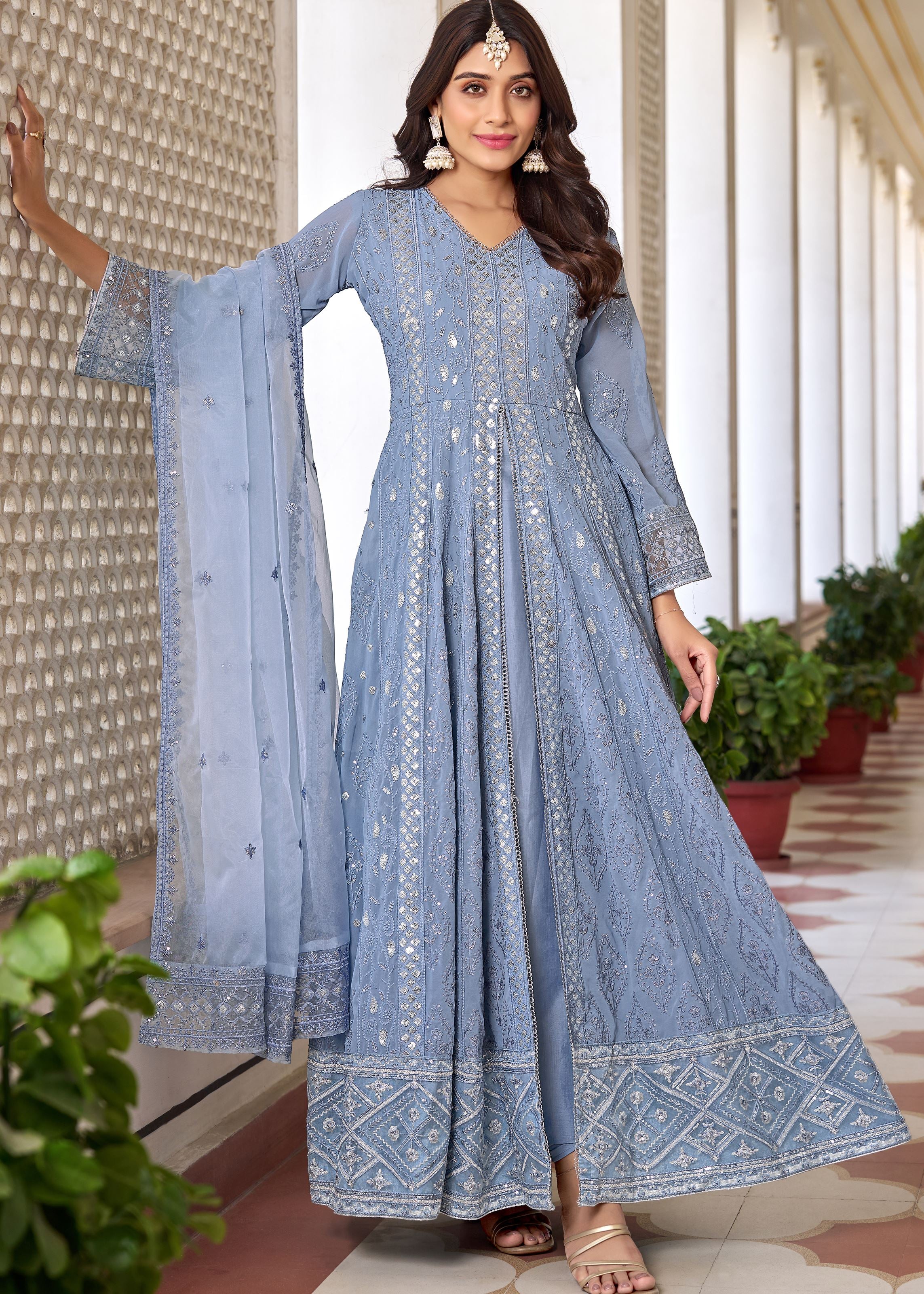 Light Cobalt Blue Salwar Kameez with Heavy Thread Embroidery With Sequince Work