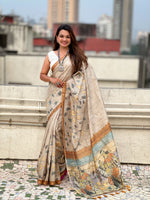 Light Gold Ethnic Katki Silk Woven Designer And Floral Printed Saree