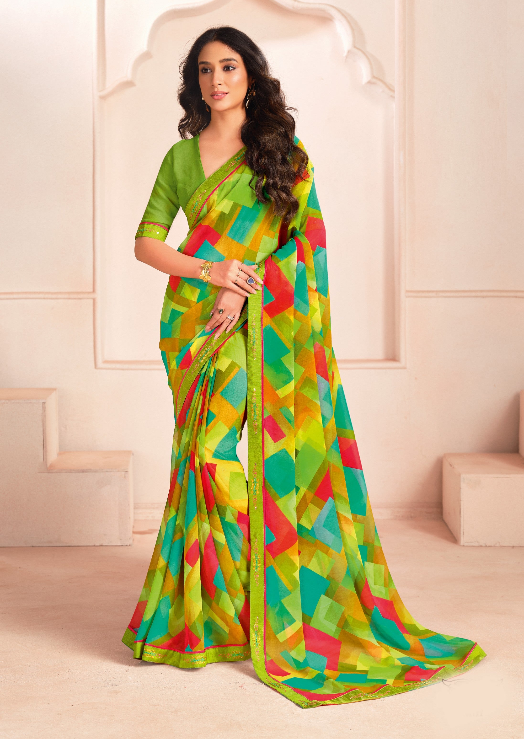 Light Green Bemberg Georgette Elegant Designer Digital Printed Ceremonial Classy Saree