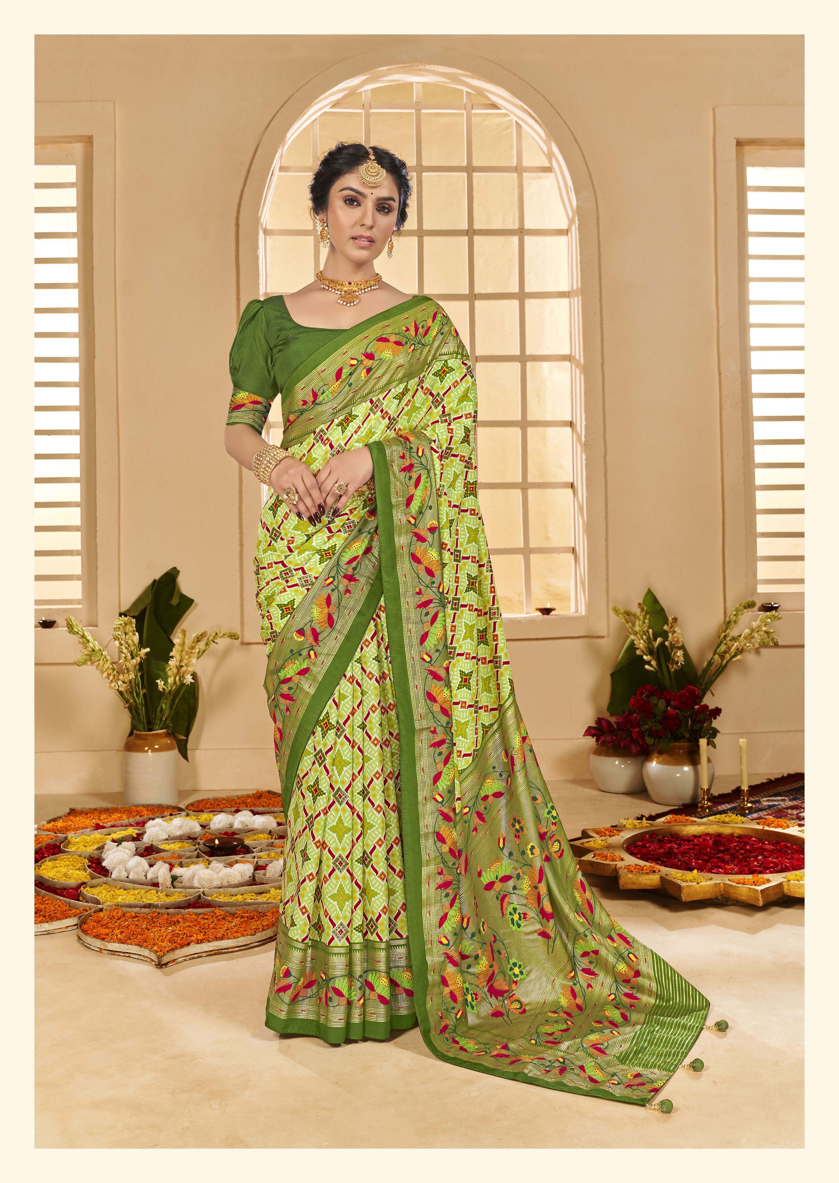 Light Green Ethnic Woven Border Designer With Ikkat Printed Cotton Silk Saree