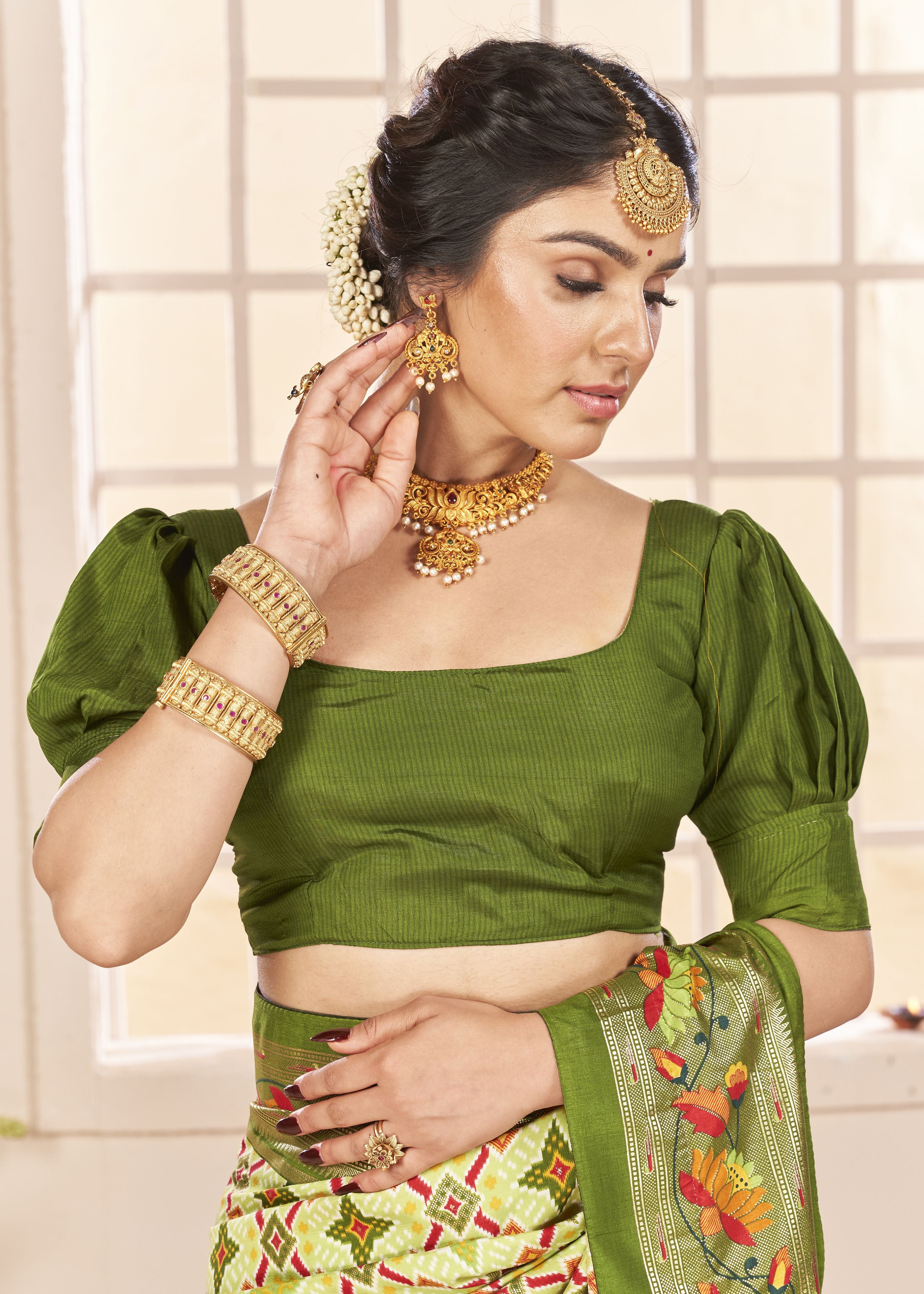 Light Green Ethnic Woven Border Designer With Ikkat Printed Cotton Silk Saree
