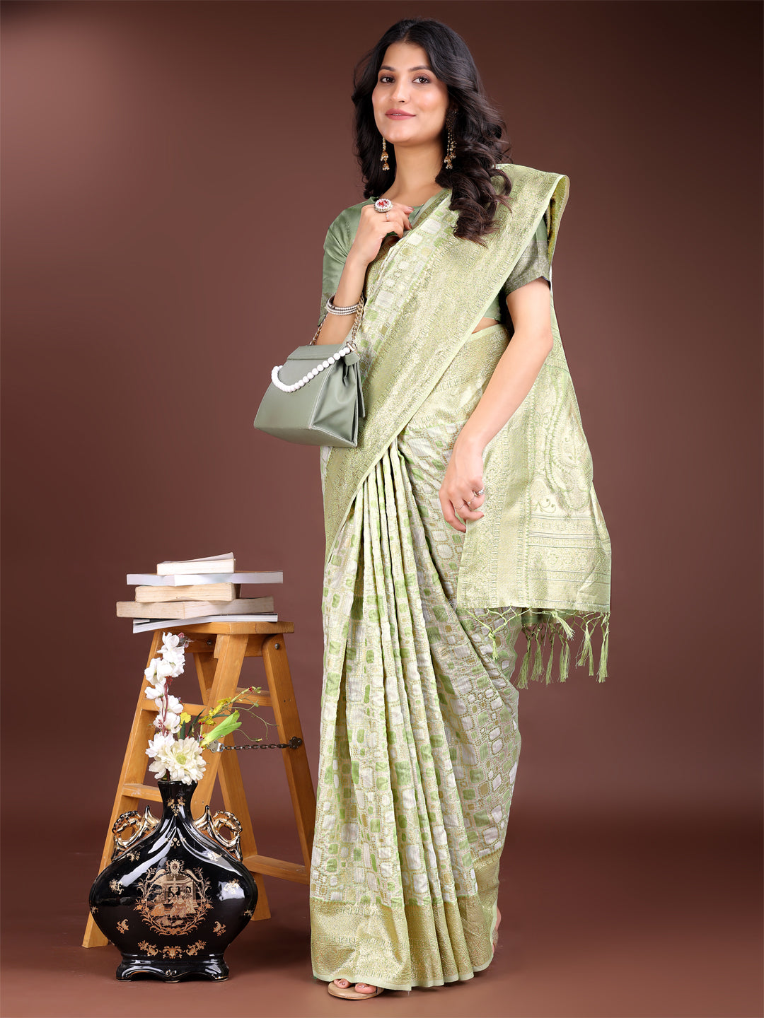 Light Green Linen Cotton Woven Jacquard Designer Ehtnic Partywear Girlie Looks Saree