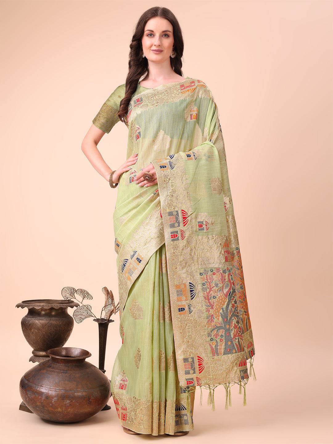 Light Green Linen Cotton Woven Jacquard Designer Ethnic Festive Wear Saree