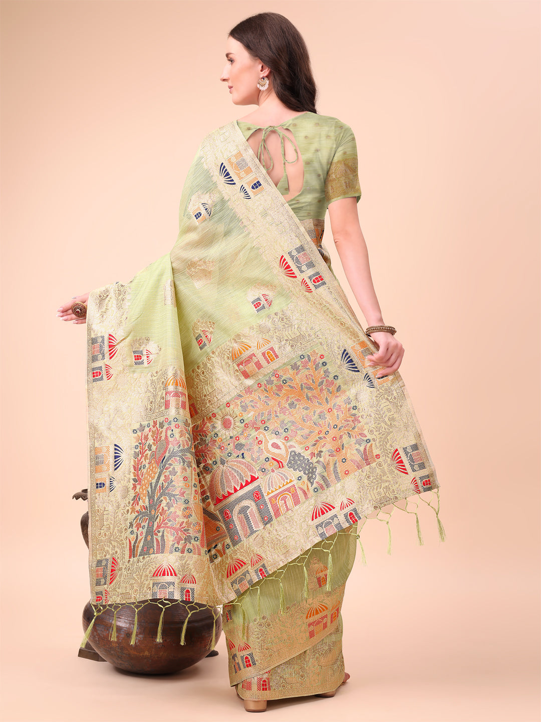 Light Green Linen Cotton Woven Jacquard Designer Ethnic Festive Wear Saree