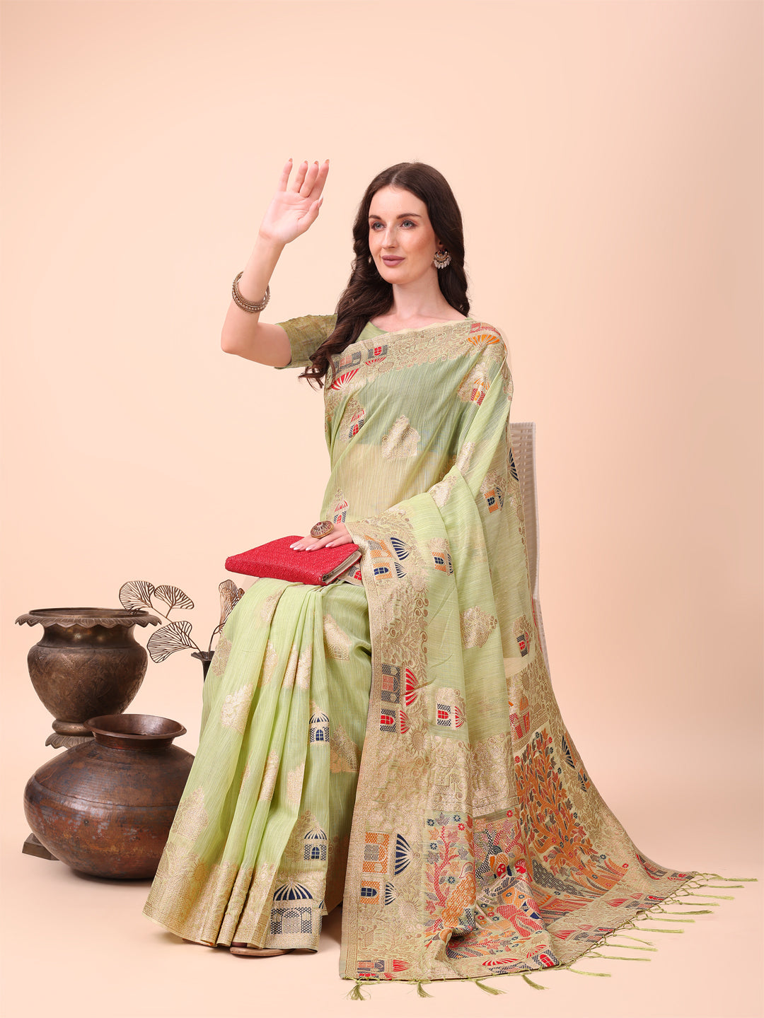 Light Green Linen Cotton Woven Jacquard Designer Ethnic Festive Wear Saree