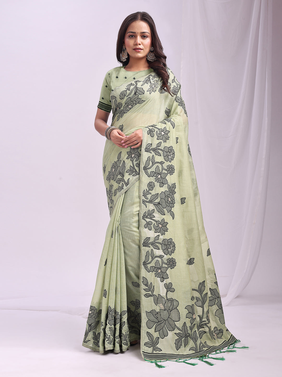 Light Green Linen Cotton Woven Thread Designer Festive Sophisticated Saree