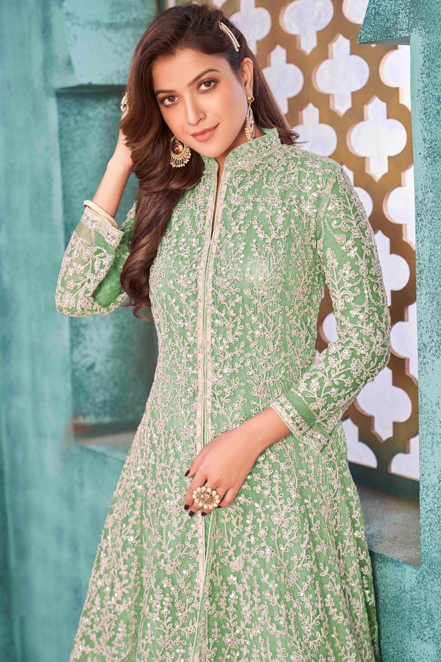 Light Green Net Heavy Thread Embroidery With Sequins Work  Anarkali Suits