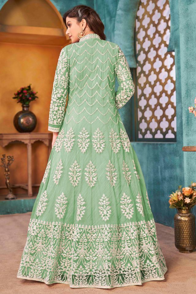 Light Green Net Heavy Thread Embroidery With Sequins Work  Anarkali Suits