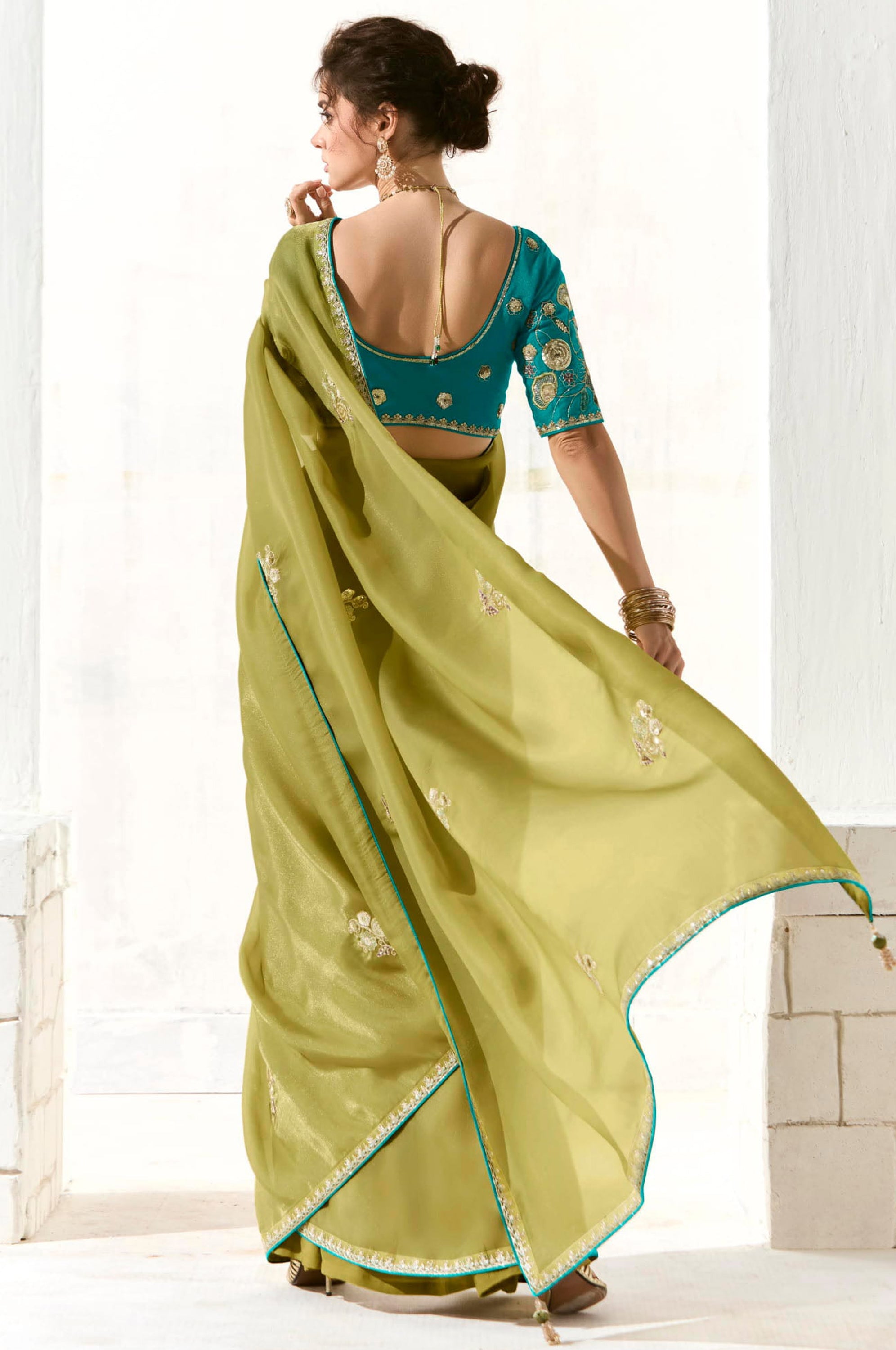Light Green Organza Tissue Saree With  Heavy Embroidery Butta Work With Embroidered Blouse