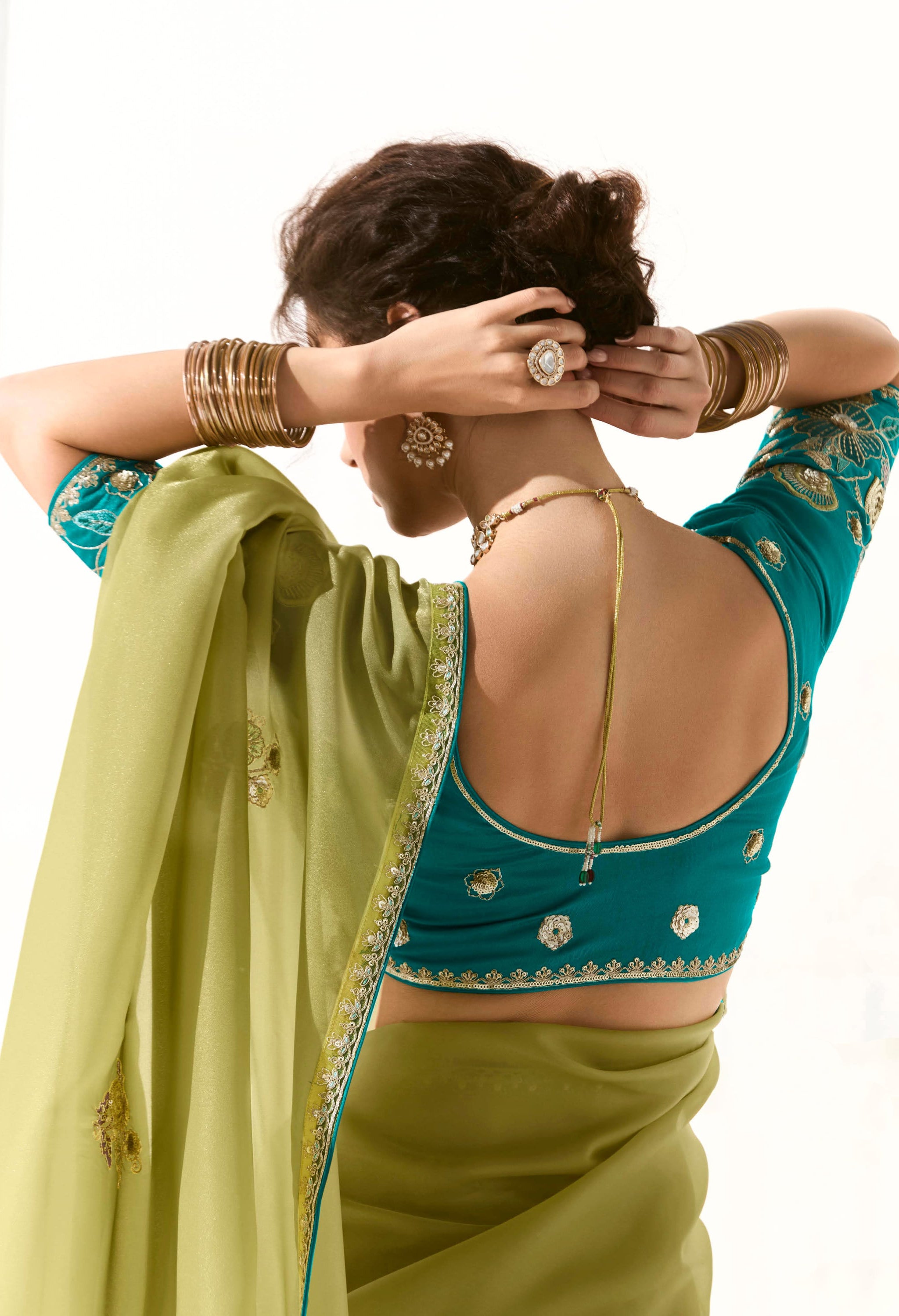 Light Green Organza Tissue Saree With  Heavy Embroidery Butta Work With Embroidered Blouse