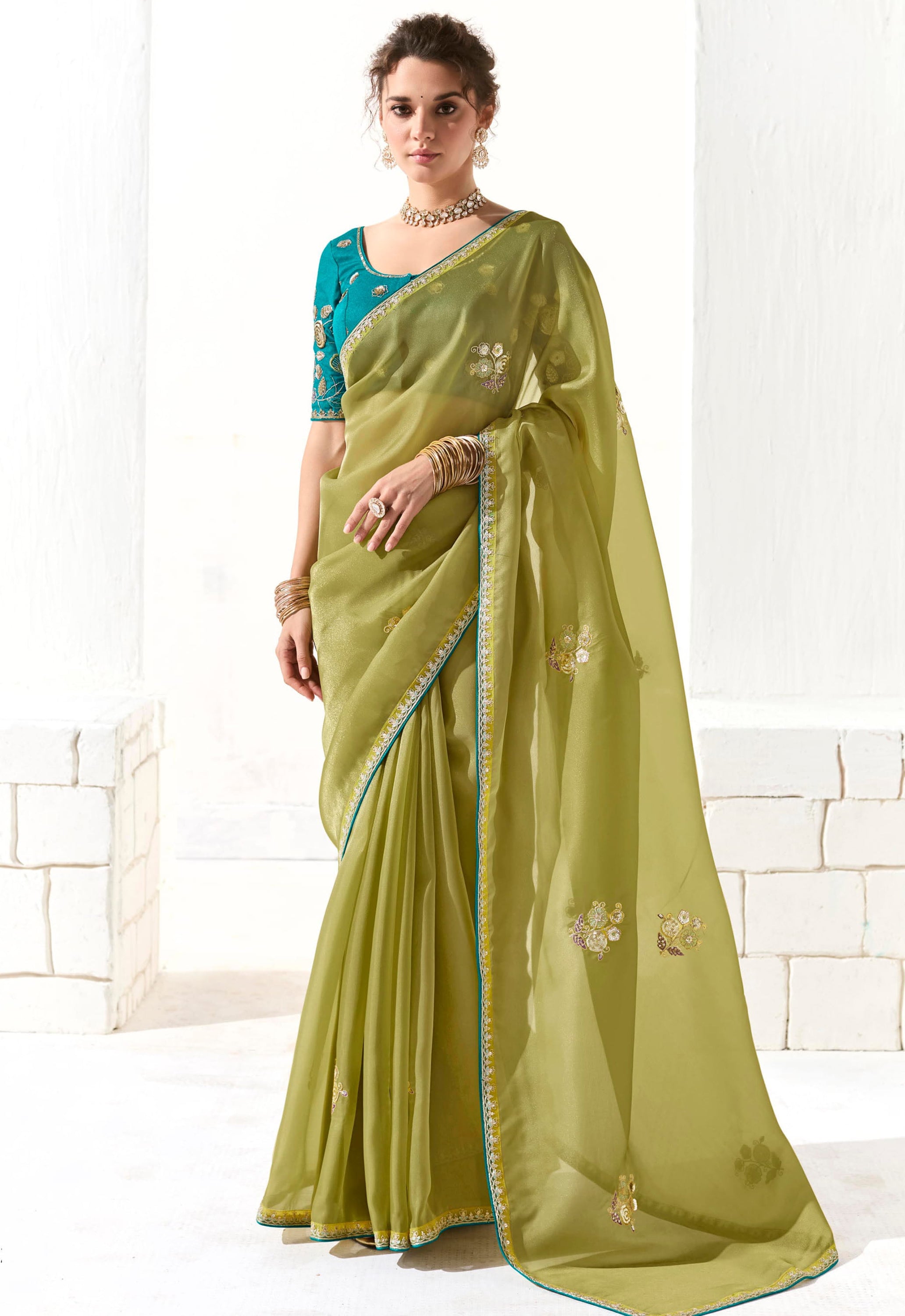 Light Green Organza Tissue Saree With  Heavy Embroidery Butta Work With Embroidered Blouse