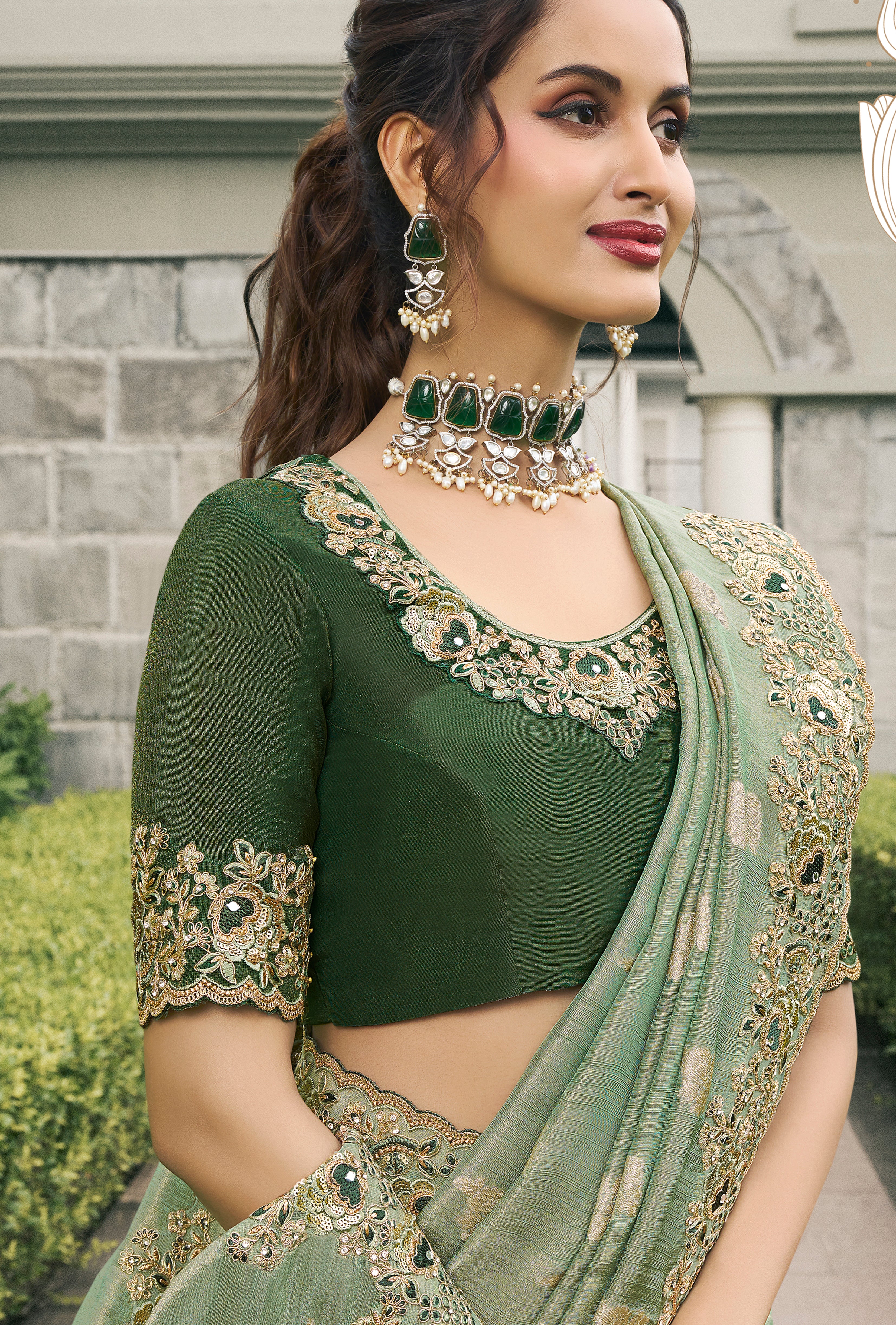 Light Green Saree With  Heavy Thread Embroidery, Stone, Pearl, Real Mirror Work