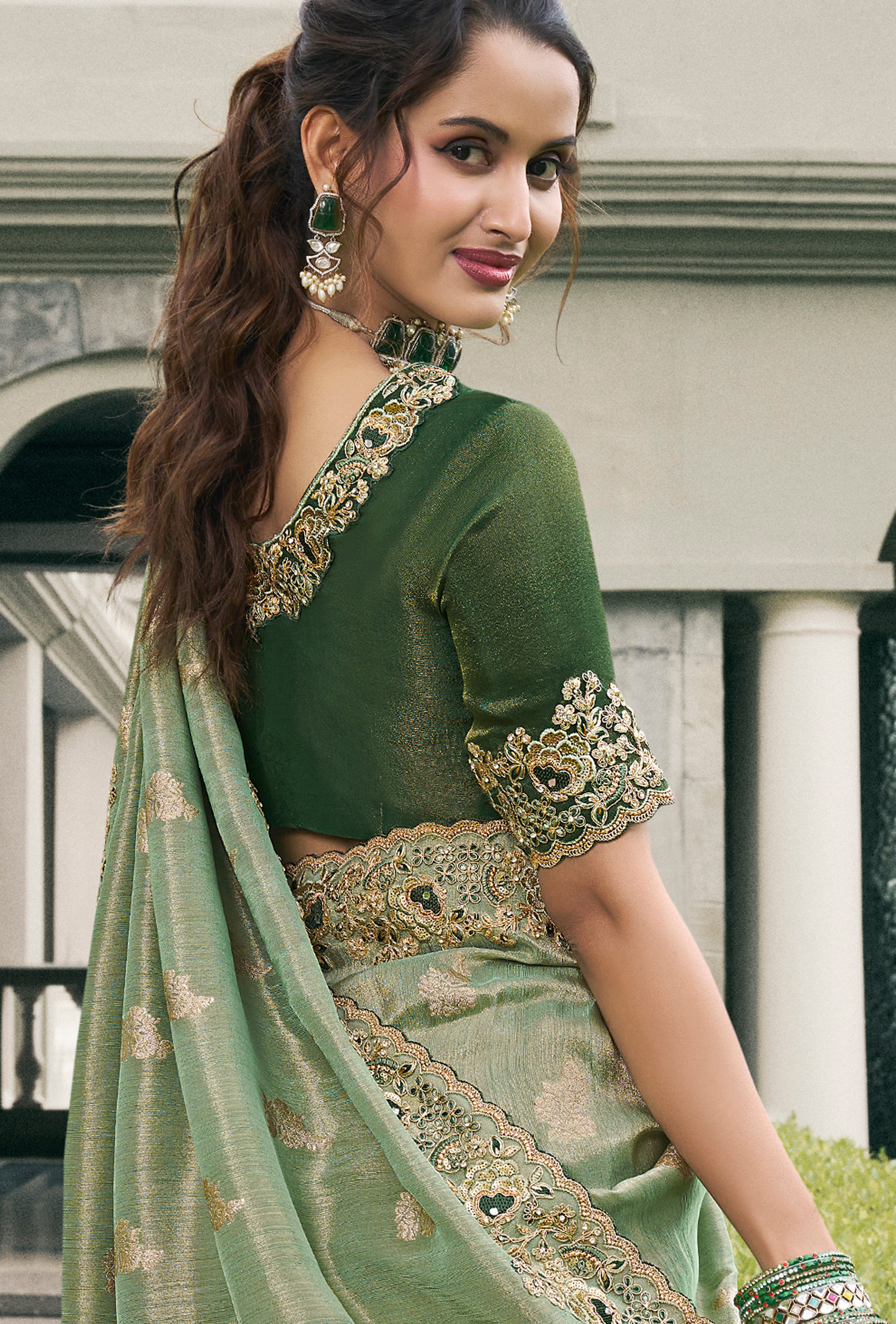 Light Green Saree With  Heavy Thread Embroidery, Stone, Pearl, Real Mirror Work