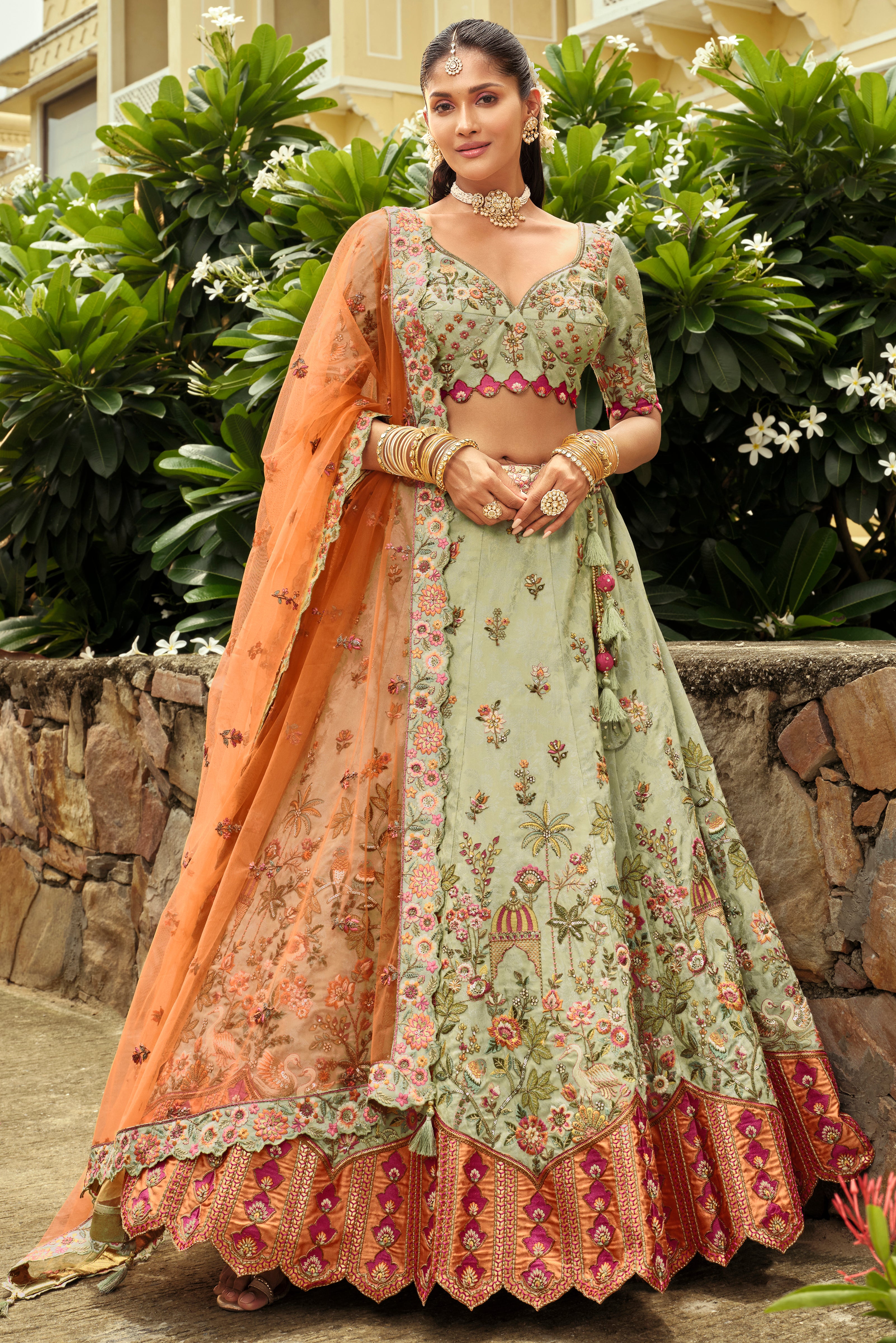Light Green Silk Readymade Lehenga Choli With Heavy Thread Embroidery, Sequence, Border Weaving, Art Mirror and Cut Work