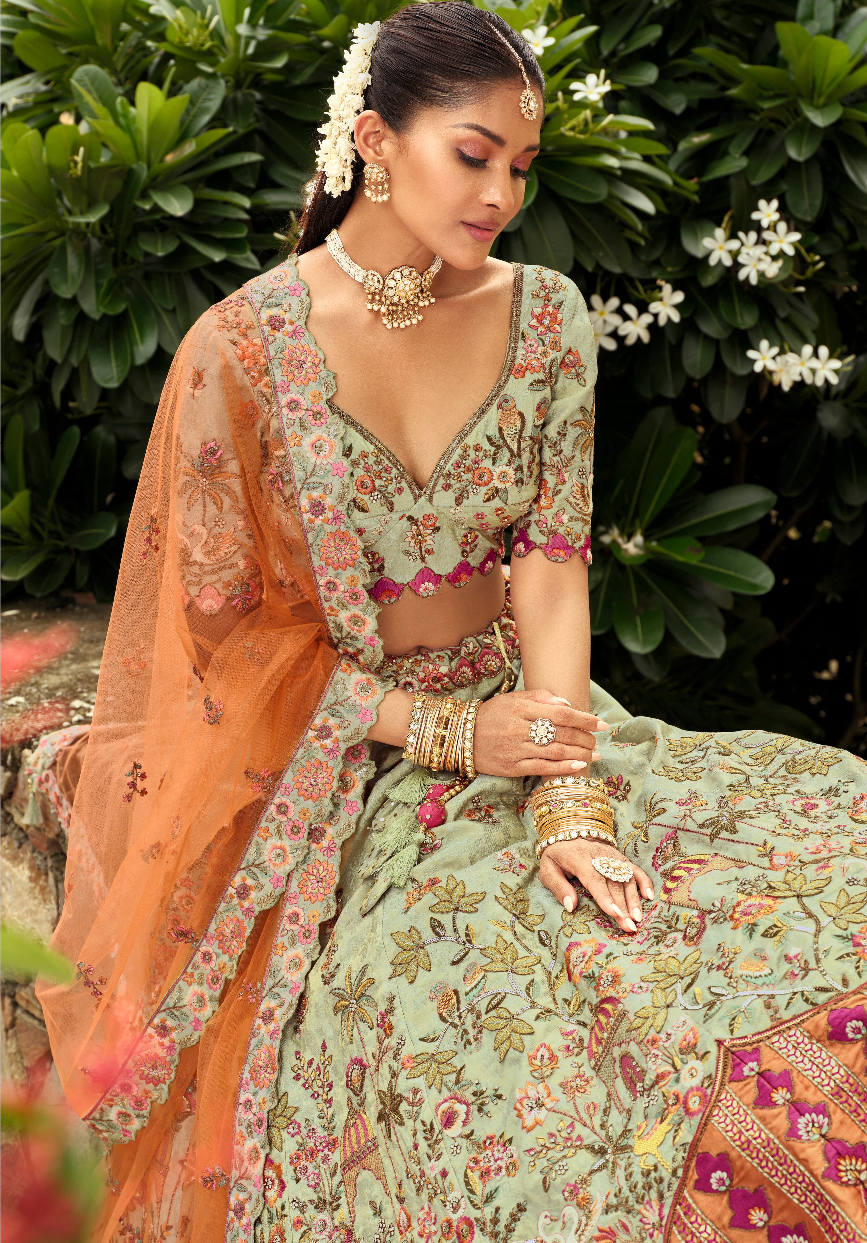 Light Green Silk Readymade Lehenga Choli With Heavy Thread Embroidery, Sequence, Border Weaving, Art Mirror and Cut Work