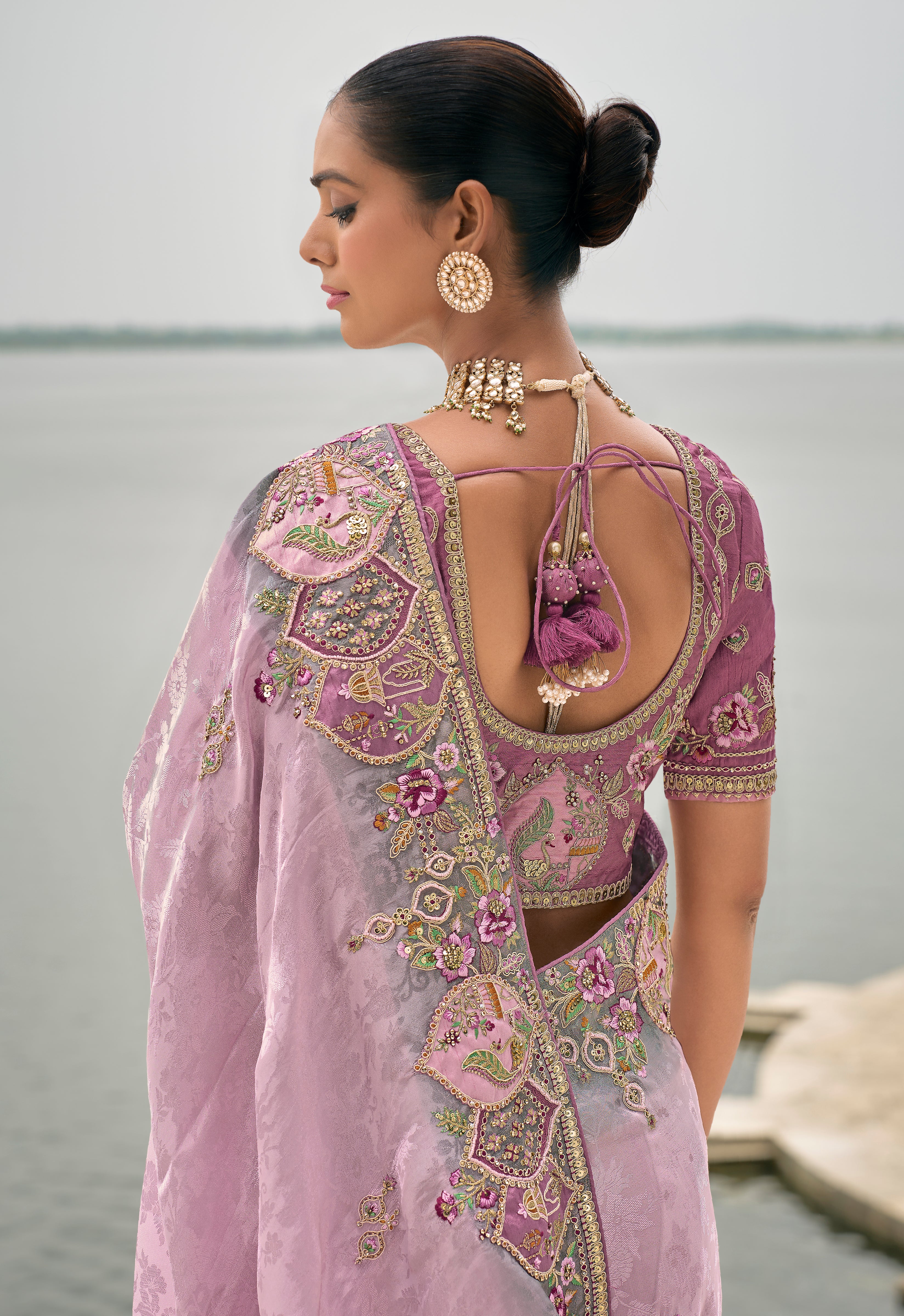 Light Lavender Jacquard Saree With  Heavy Thread Embroidery and Sequins Work