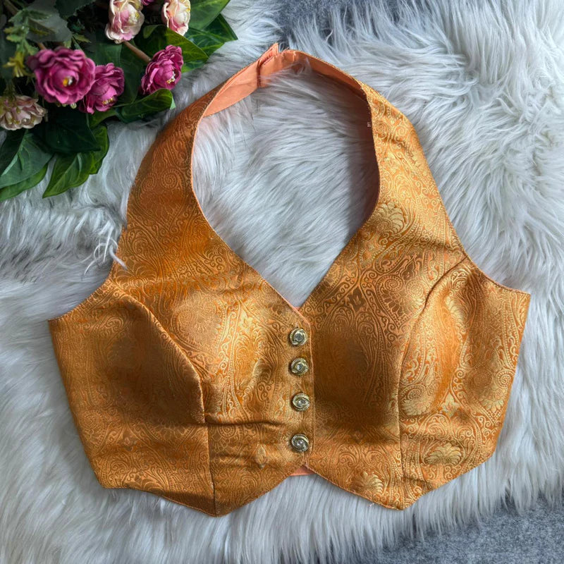 Light Mango Banarasi Jacquard Silk Halter Neck Blouse with Embroidery & Sequins