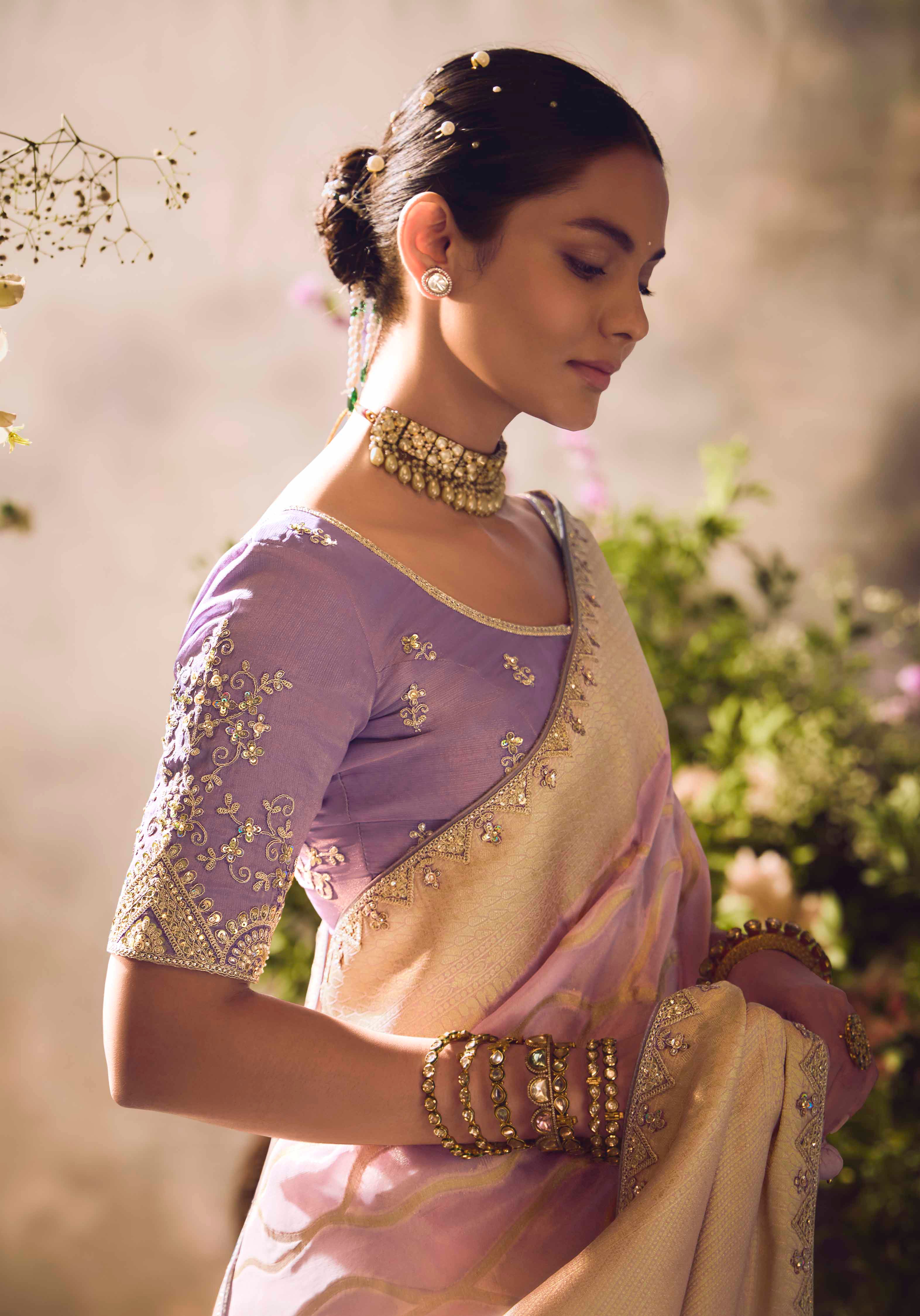 Light Mauve Saree With  Jacquard Woven Work with Embroidered Lace Border