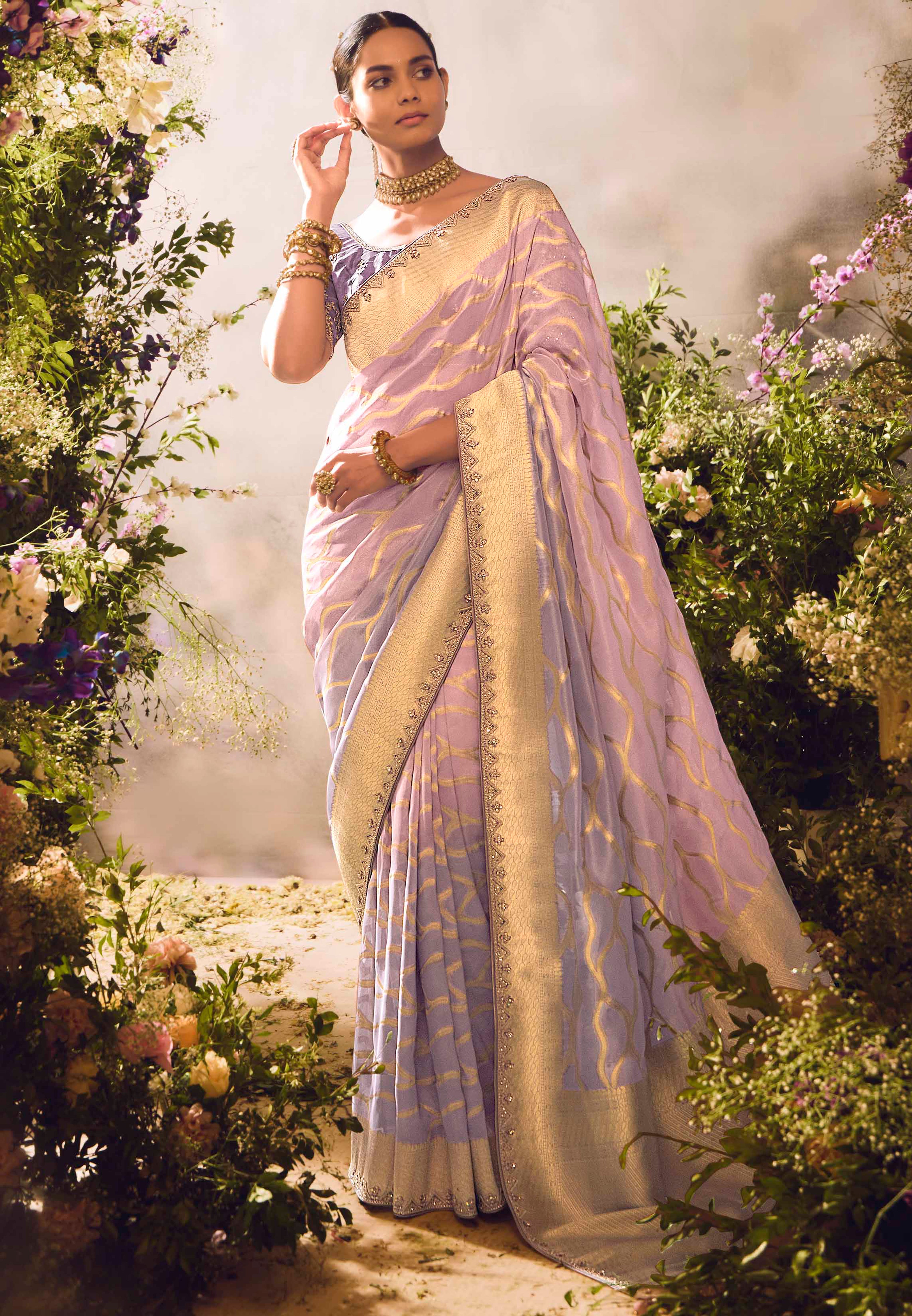 Light Mauve Saree With  Jacquard Woven Work with Embroidered Lace Border