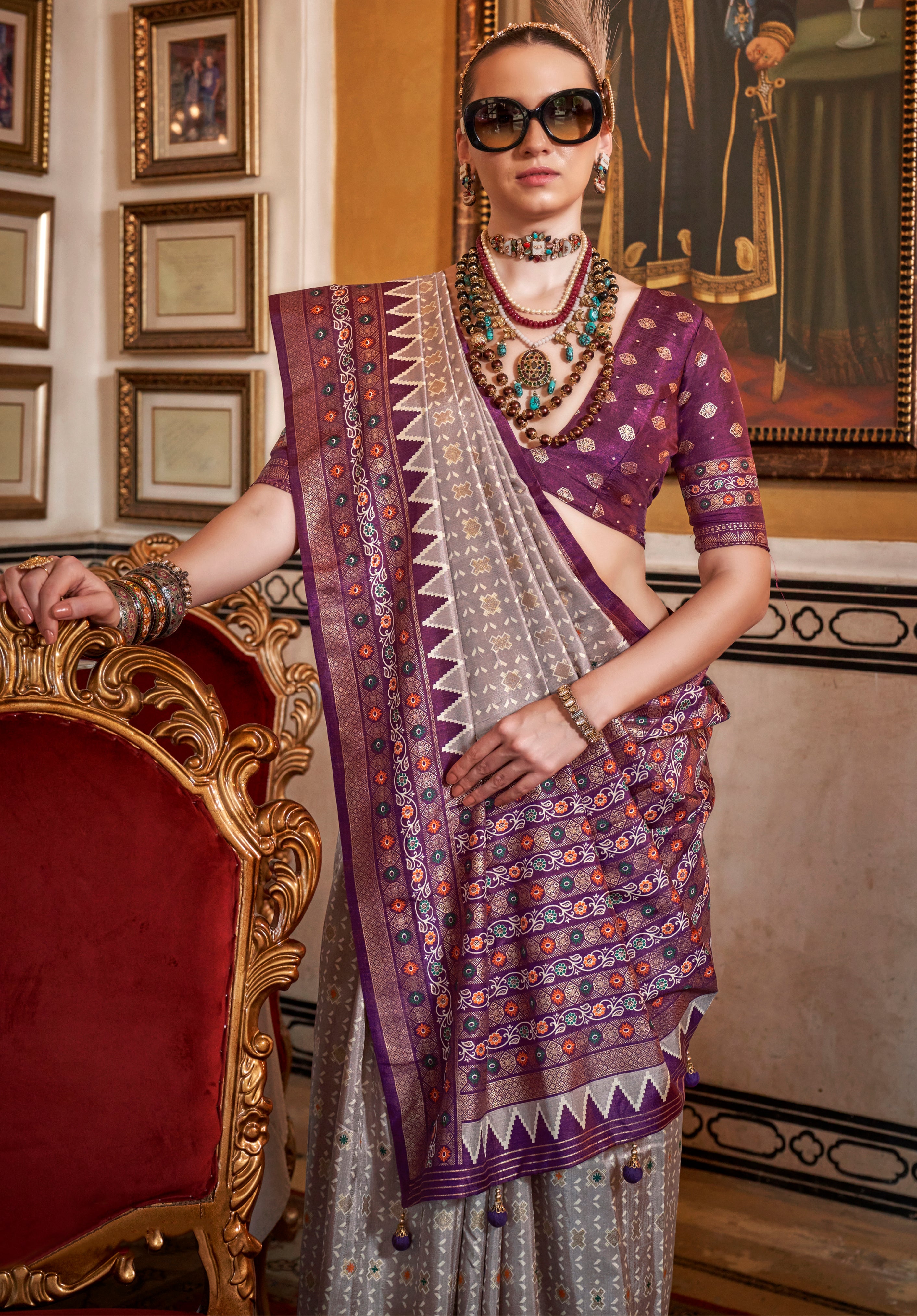 Light Mauve Silk Saree With  Digital Patola Print
