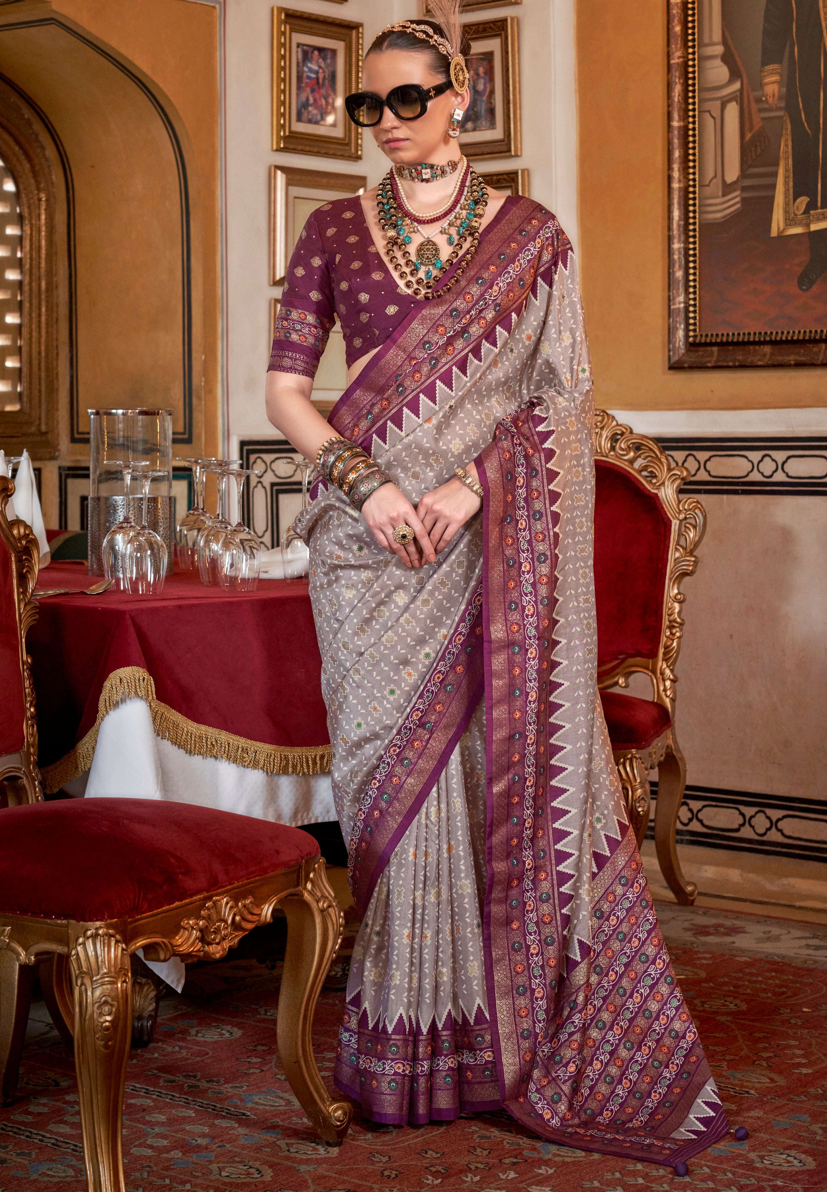 Light Mauve Silk Saree With  Digital Patola Print