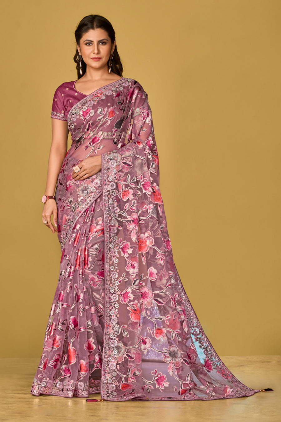 Light Mauve Soft Organza Brasso Saree With  Printed Saree With Piping, Embroidery Sequins Work