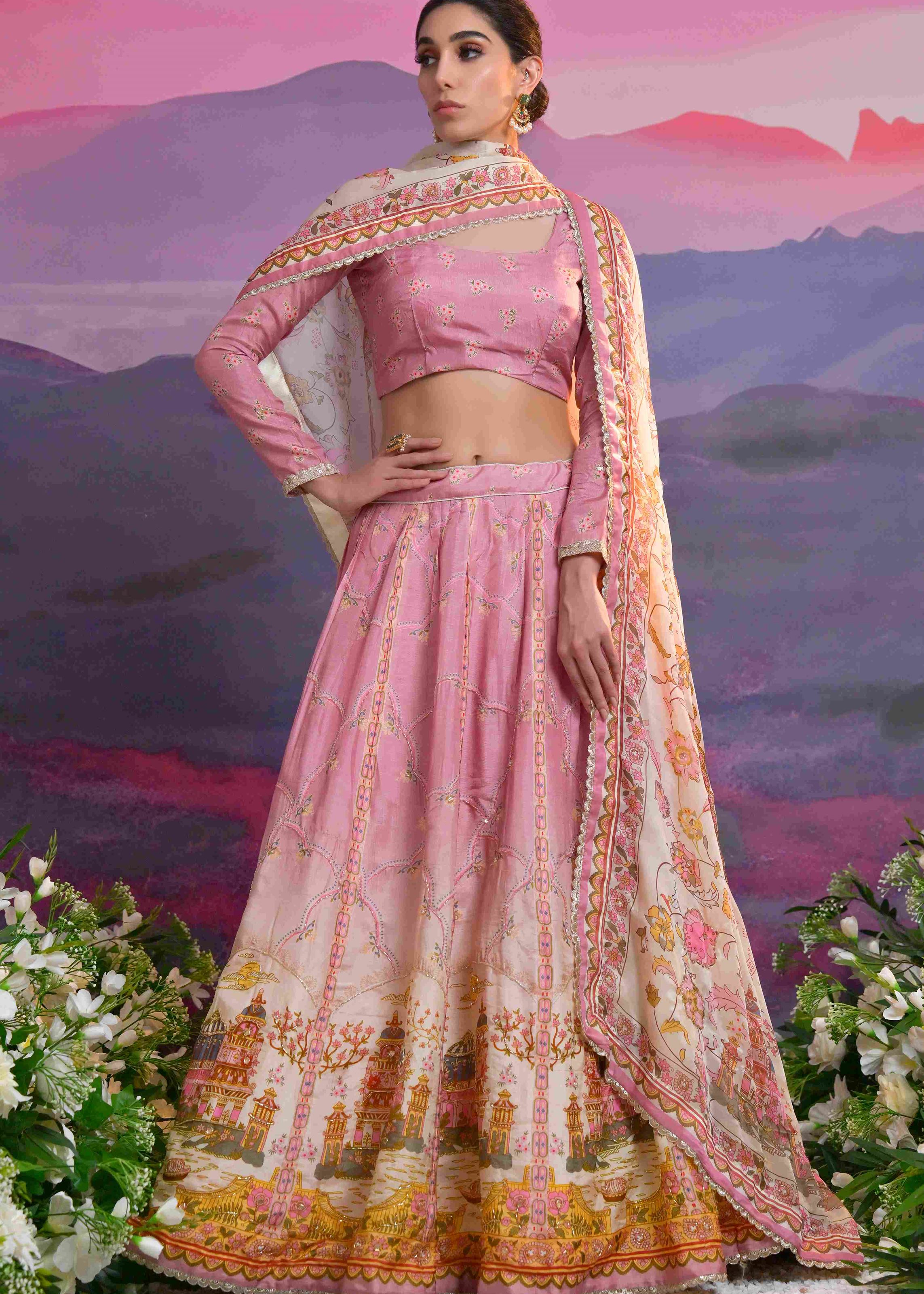 Light Mauve Viscose Russian Lehenga Choli With Print With Zardosi, Cutdana, Sequins With Gota Patti Work