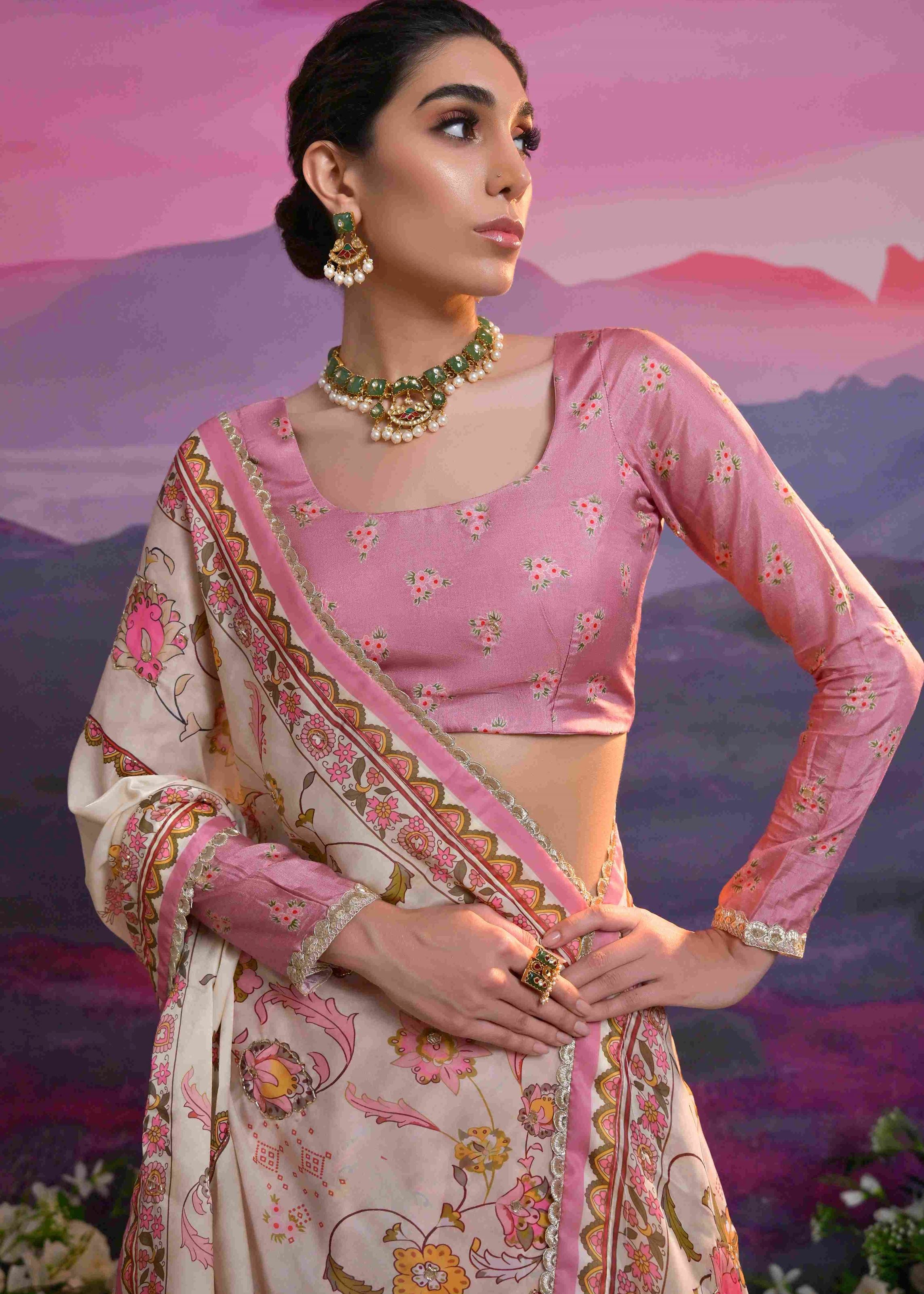 Light Mauve Viscose Russian Lehenga Choli With Print With Zardosi, Cutdana, Sequins With Gota Patti Work
