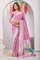 Light Pink Banarasi Silk Saree with Peacock Motif, Rich Pallu & Jacquard Jari Work