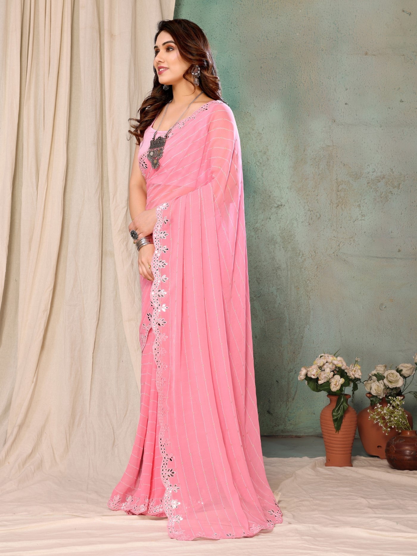 Light Pink Georgette Saree with Fancy Printed Design