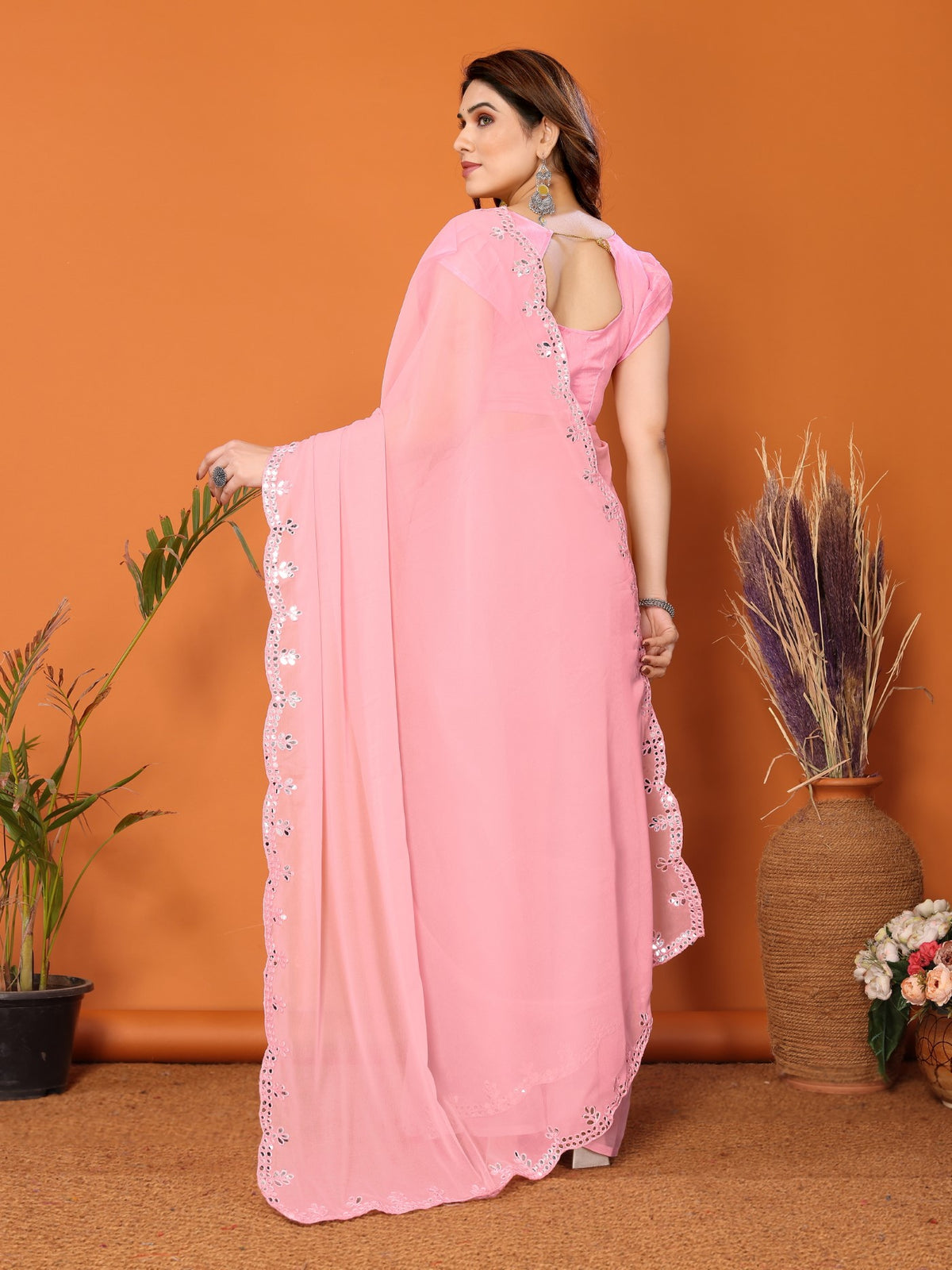 Light Pink Georgette Saree with Mirror Work