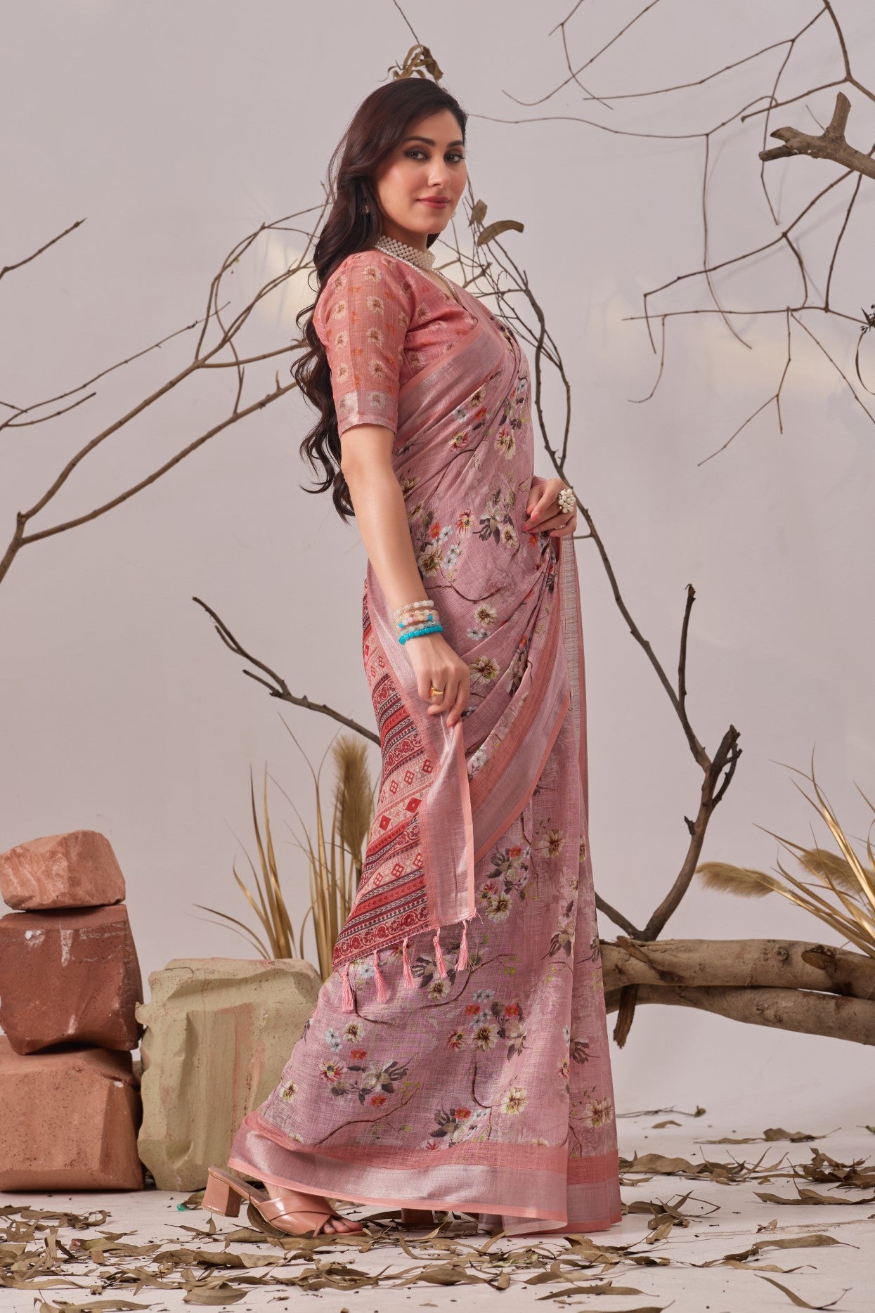 Light Pink Linen Cotton Saree with Digital Print