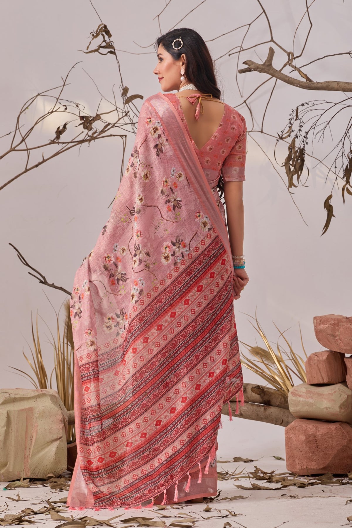 Light Pink Linen Cotton Saree with Digital Print