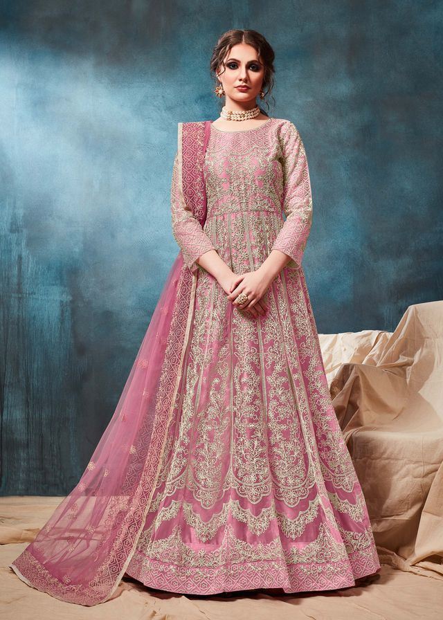 Light Pink Net Embroidered  Anarkali Suits