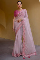 Light Pink Organza Silk Saree With  Heavy Thread Embroidery With Sequins Work