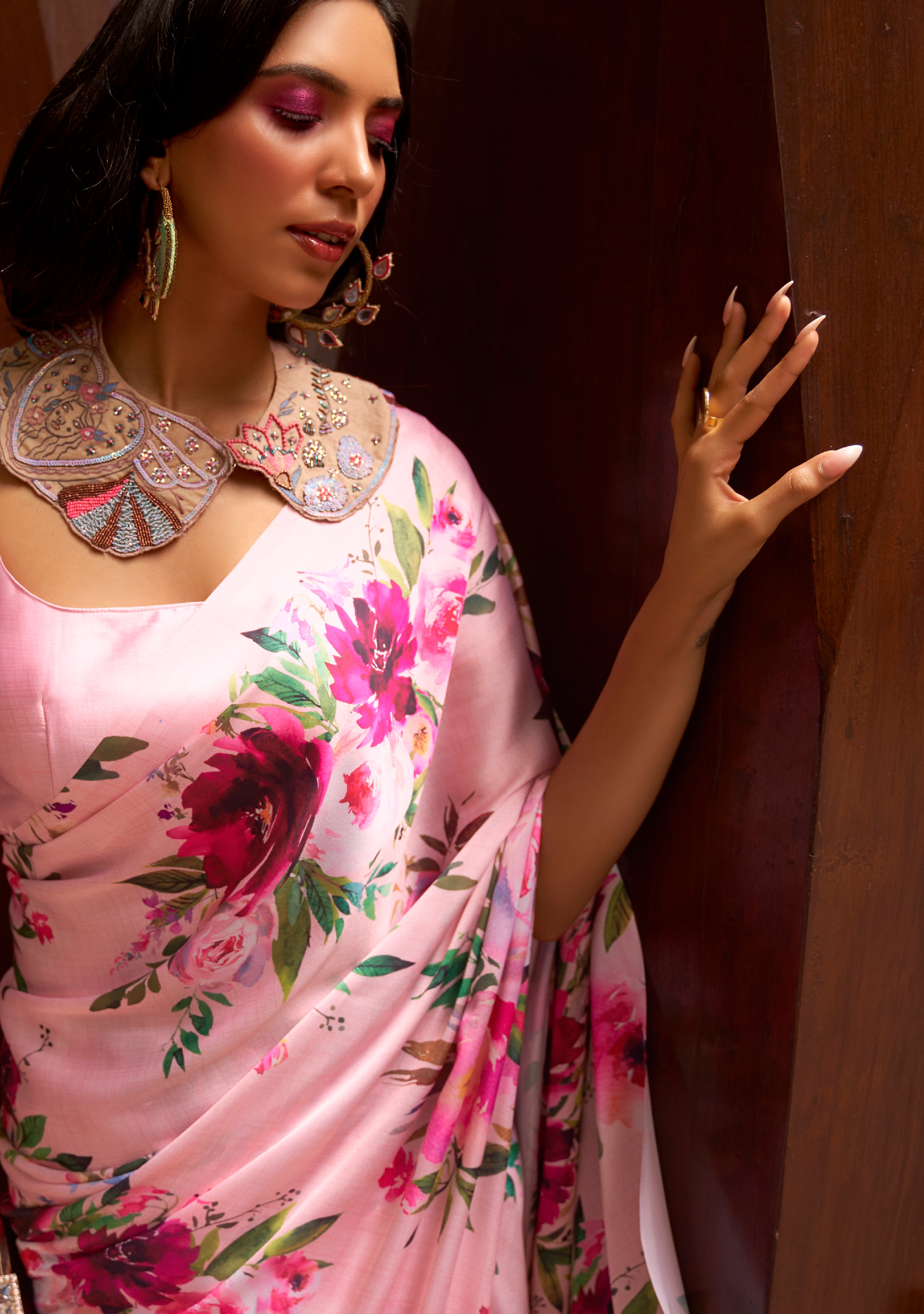 Light Pink Satin Crepe  Saree With Digital Printed Work