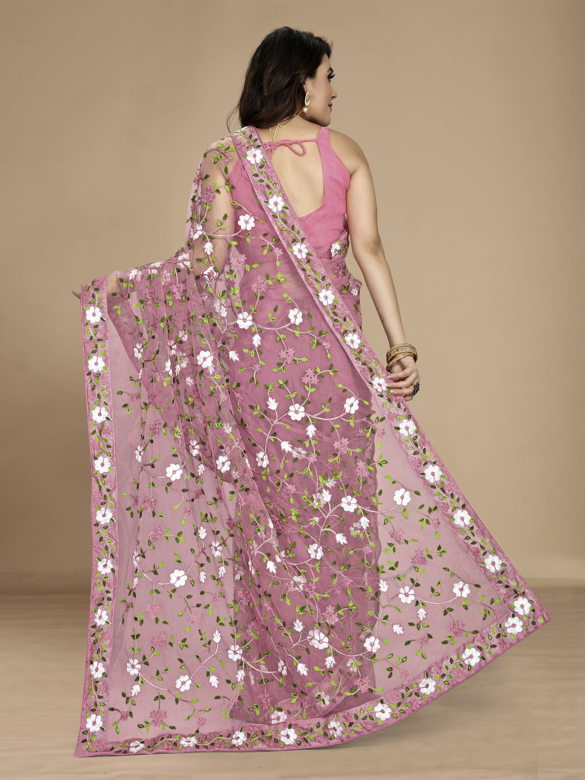 Light Pink Soft Net Designer Multy Thread Embroidery Work Smart Partywear Saree